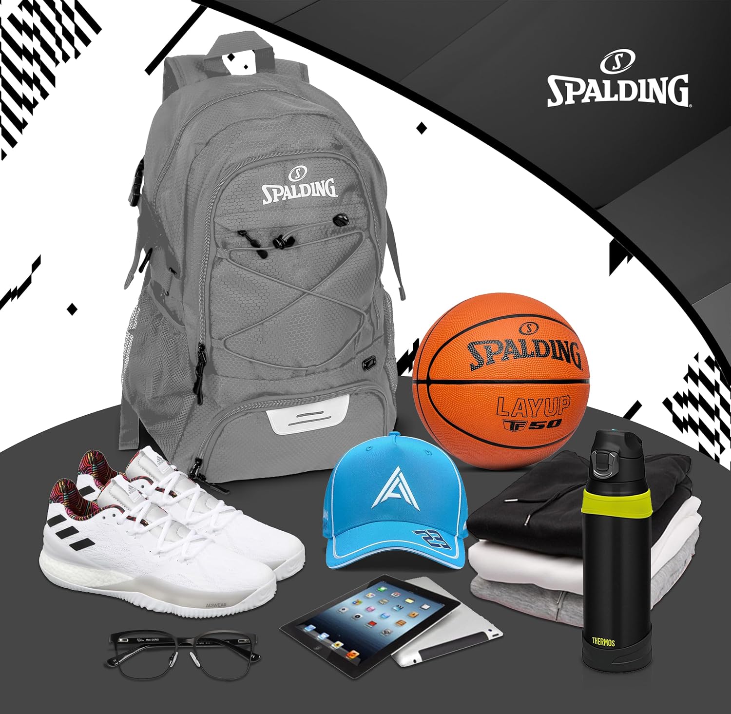 Spalding Basketball Backpack Sports Bag | Large Black Backpack with Shoe and Ball Compartment | Gifts for Basketball Players