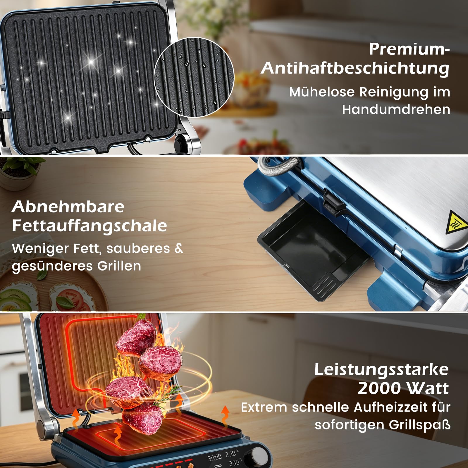 Taylor Swoden XXL Kontaktgrill 3-in-1 mit Intelligenter Dickenerkennung & Separater Temperaturregelung, 9 Programme, Abnehmbare Grillplatten Spülmaschinenfest, 180° Tischgrill für 6-8 Personen