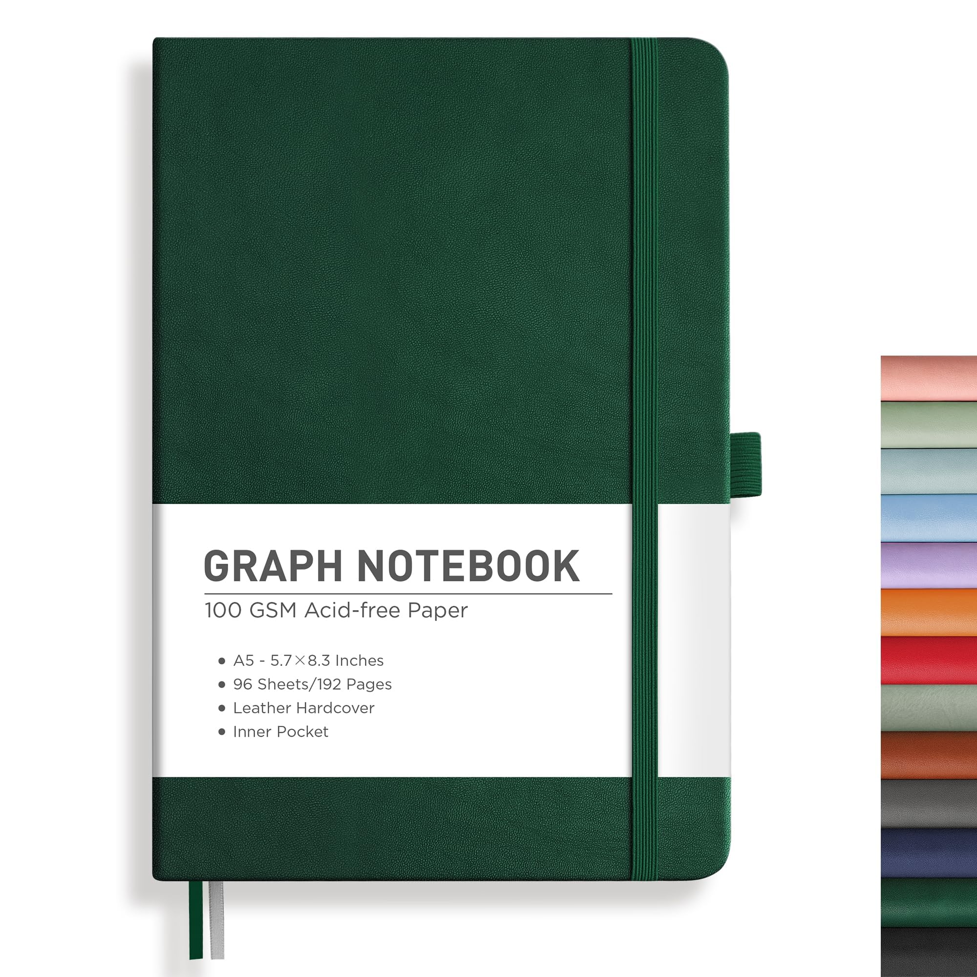 RETTACY Graph Grid Paper Notebook, 192 Pages, A5 Medium Size (5.7'' x 8.3''), 5 Squares per Inch, Leather Hardcover, 100 GSM Thick Paper, for School, Students, Math, Engineering (Dark Green)