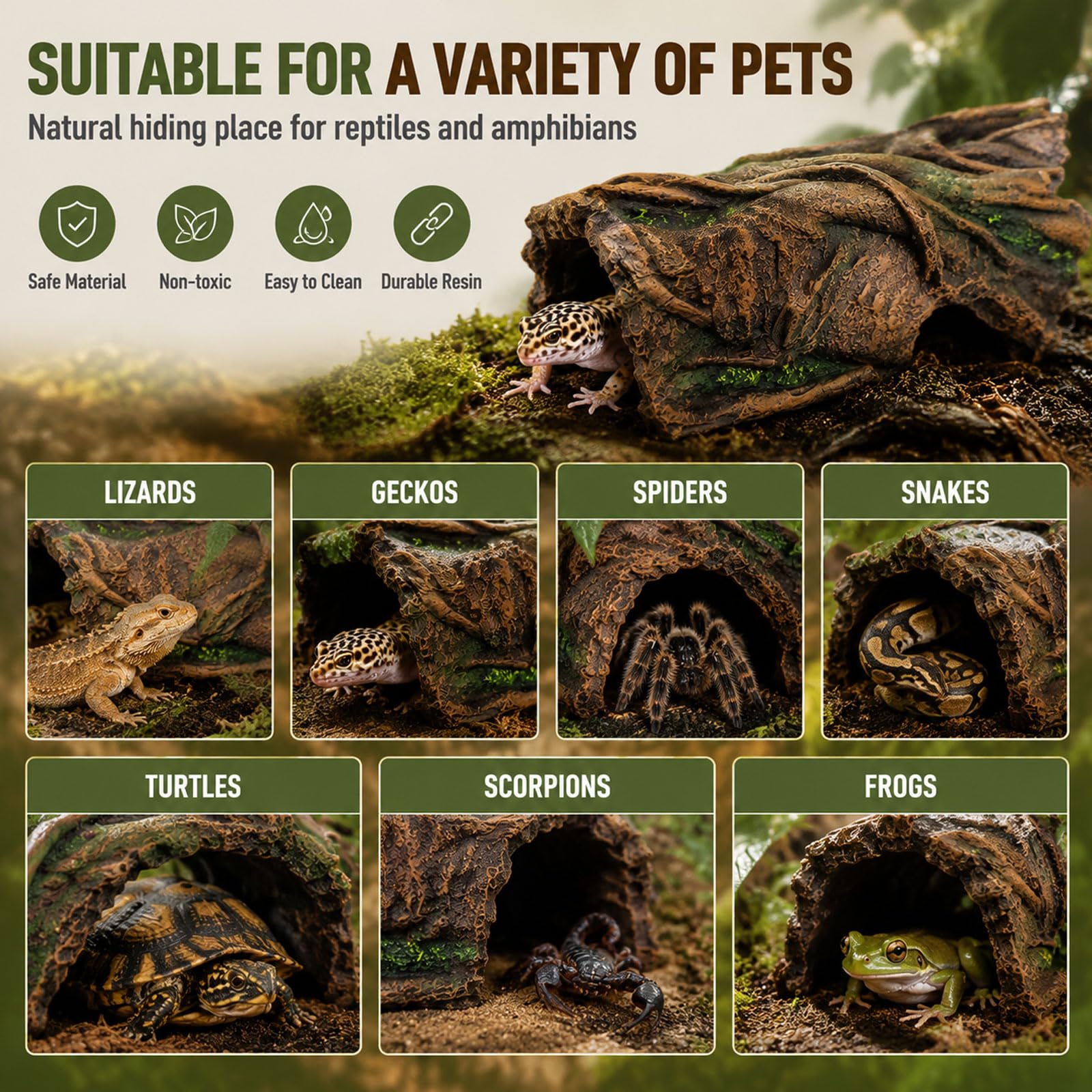 YLME Nascondiglio per rettili Caverna in Resina per rettili Nascondiglio | Decorazione naturale per terrario con texture realistica di albero per gechi, serpenti, lucertole, tartarughe e anfibi