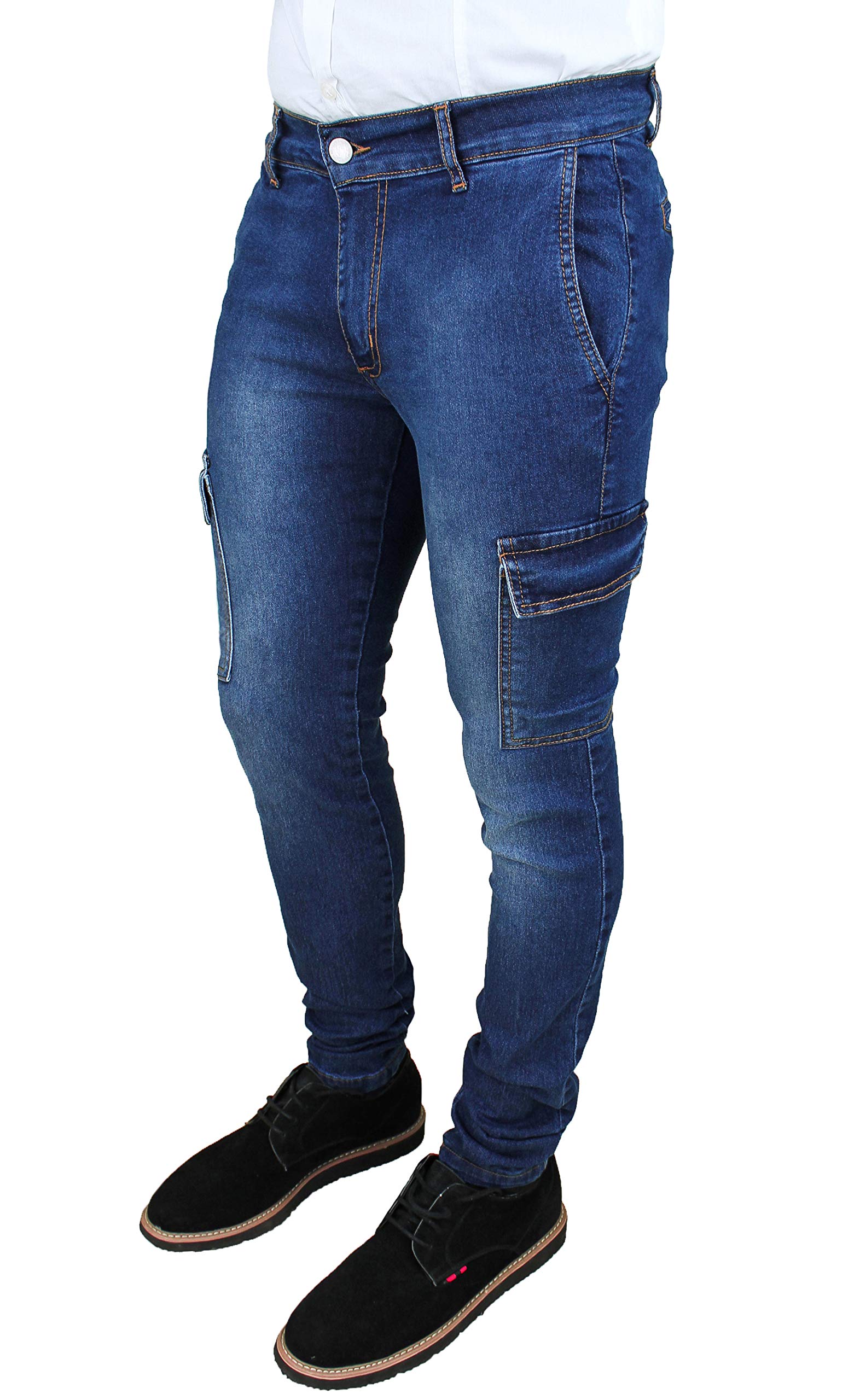 Evoga Jeans Uomo Cargo Blu Denim Casual Slim Fit con tasconi Laterali
