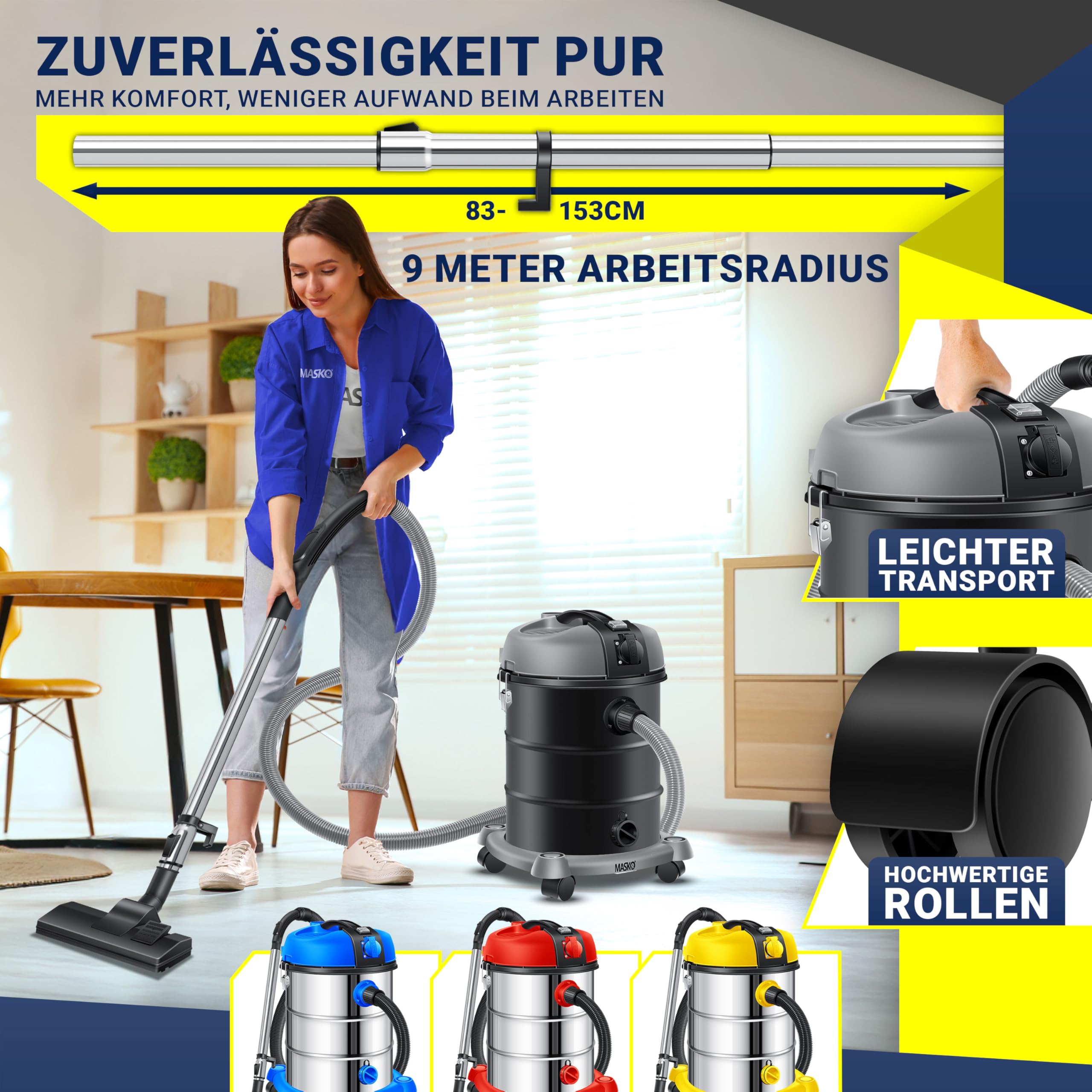 Masko® Aspirateur Industriel Aspirateur Eau et poussière Acier Inoxydable 2 300 W + Prise | Fonction soufflerie | 30 L | avec et sans Sac | Filtre Interchangeable Inclus | Tuyau: 3,5 m | Anthracite
