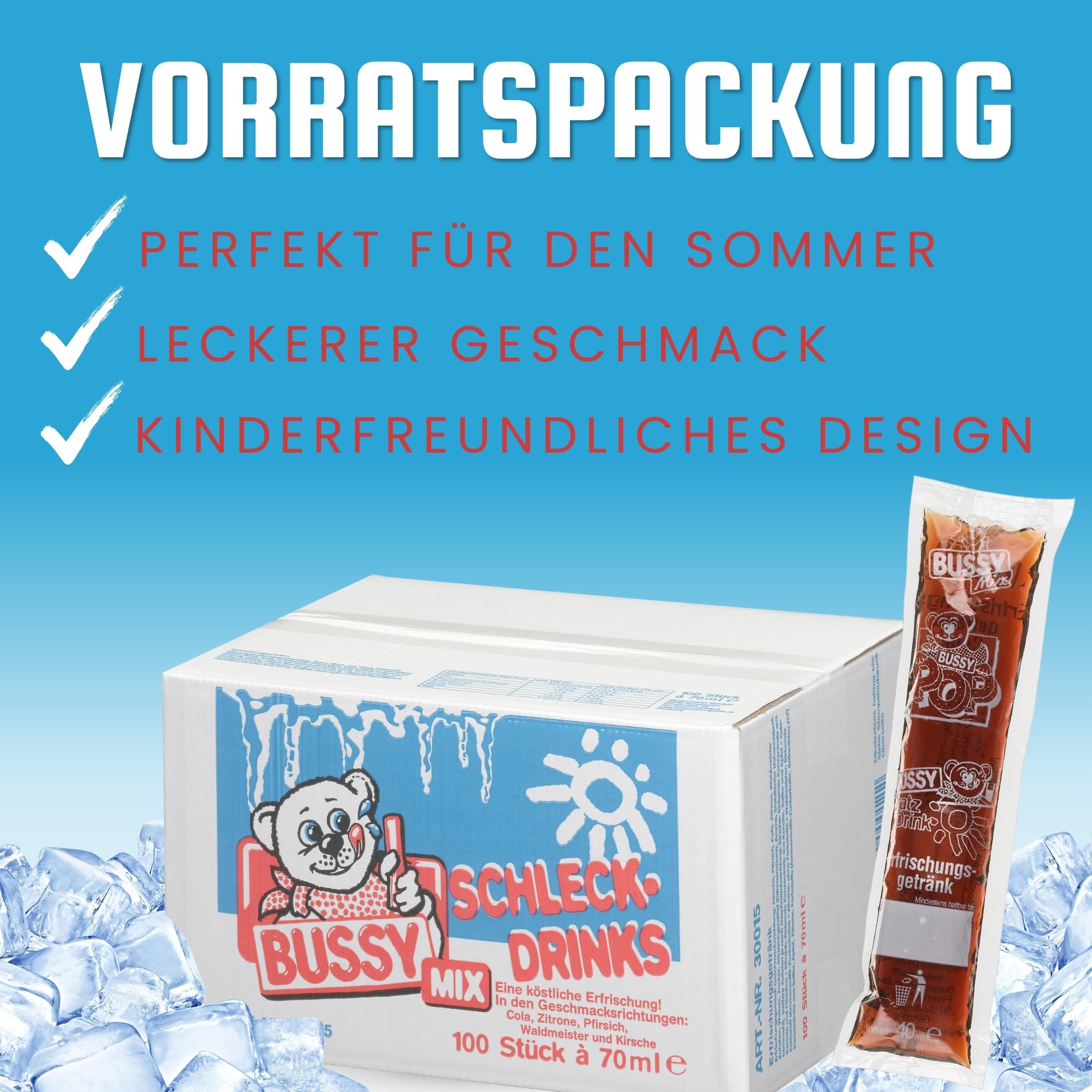 Bussy Mix 100x 70ml Schleck-Drinks Wassereis zum Einfrieren verschiedene Sorten Party Eis für Kinder Sommer