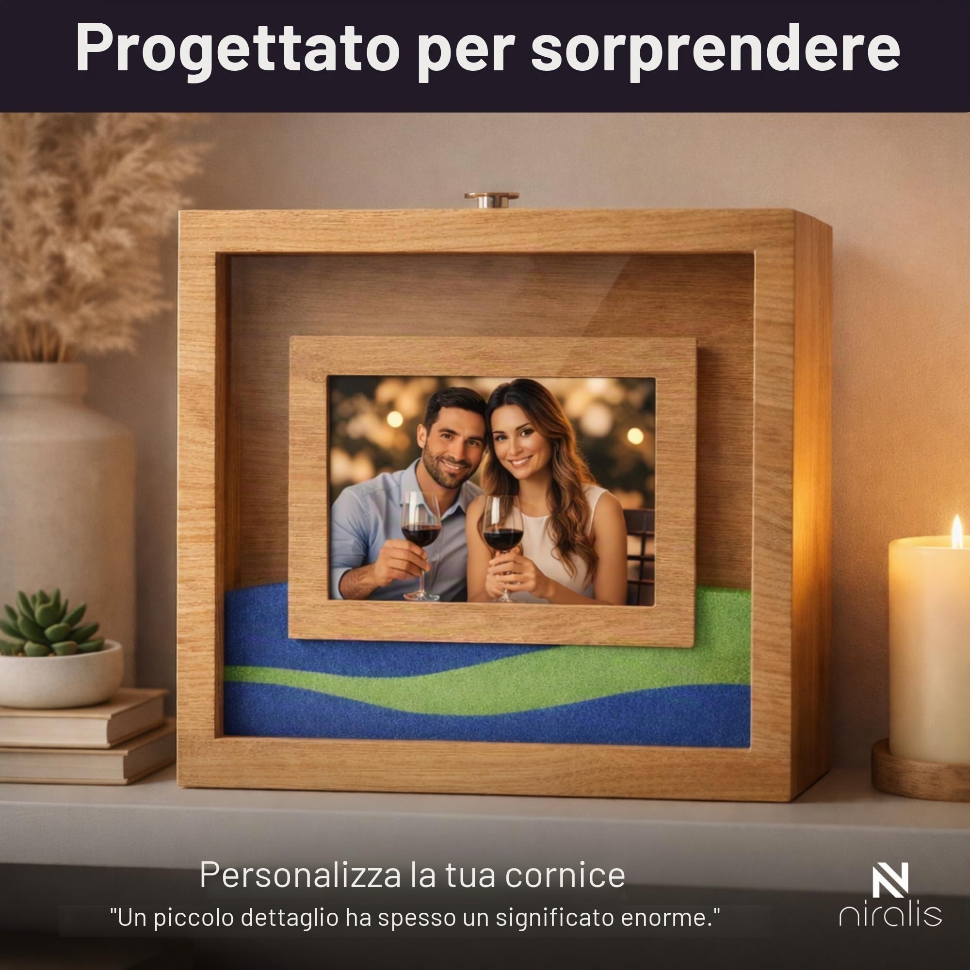 Rito della sabbia matrimonio - NIRALIS - cornice cerimonia rovere con metacrilato trasparente, foto 10x15, flaconi blu e rosa da 800 g, foglio unione di due anime e ricordo nuziale - 26x24x5 cm