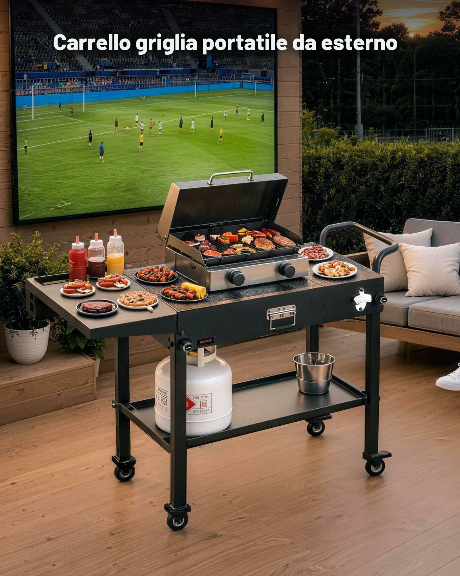 VEVOR Carrello per Griglia da Esterno Tavolo da Griglia da 787 x 432 mm Pieghevole per Esterni con Porta Fazzoletti, Ganci, Ruote, Tavolino Laterale, Tavoli per la Preparazione del Barbecue