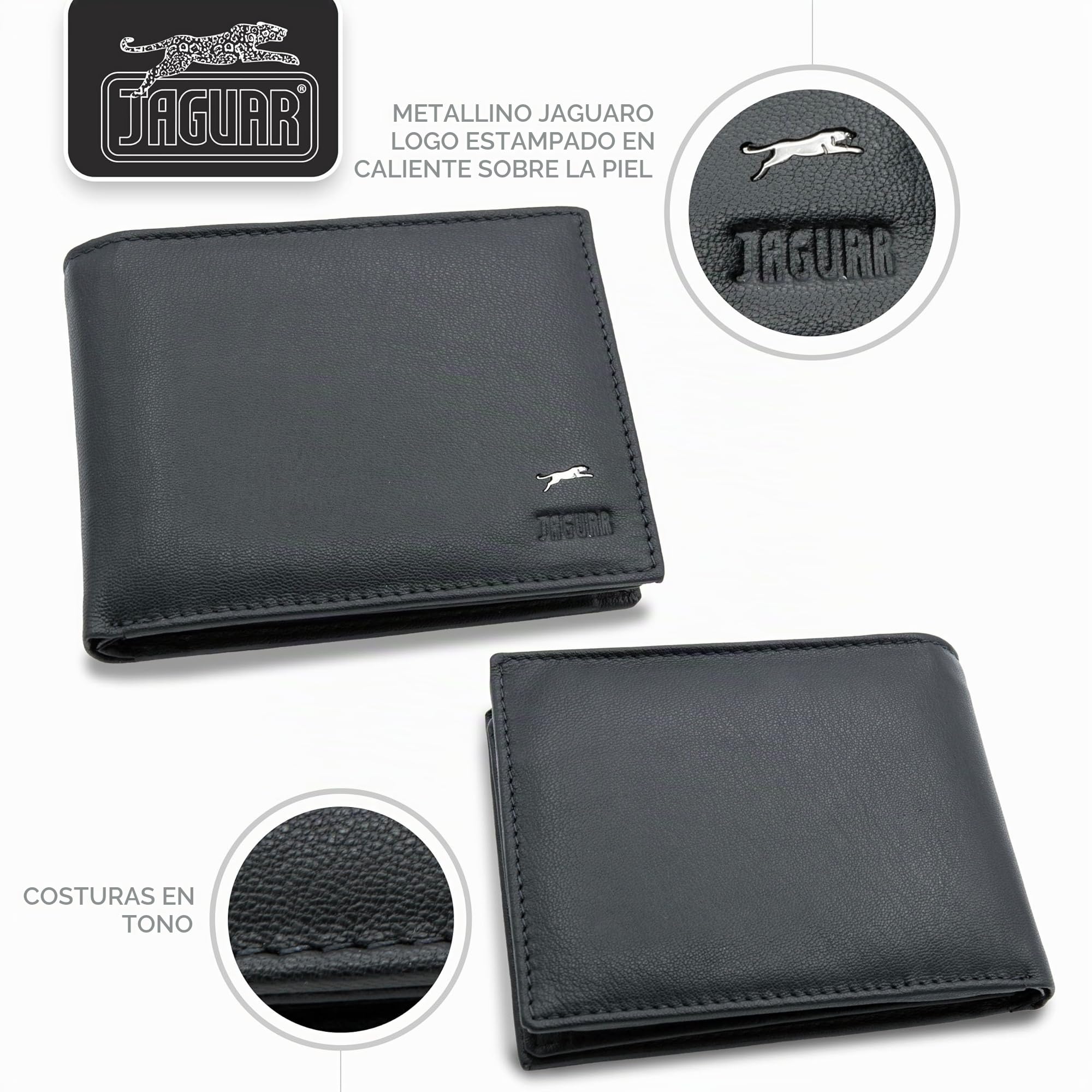 JAGUAR Cartera Hombre Piel Equipado con Ranuras para Tarjetas, Billeteras Regalos Originales para Hombre Diseño Clásico y Refinado, Monedero Tarjetero Ligero (75 g) Negro
