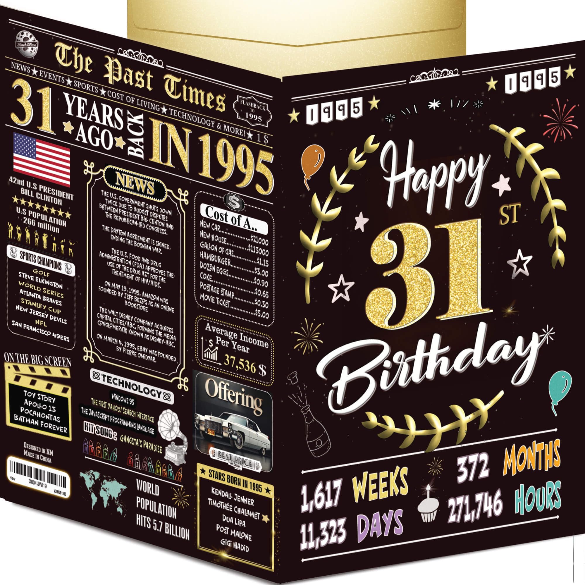 31st Birthday Card for Women Men - Back In 1995 Black & Gold - 31 Happy BIRTHDAY card - 31st birthday gift for Her Him - JUMBO size - 31st birthday
