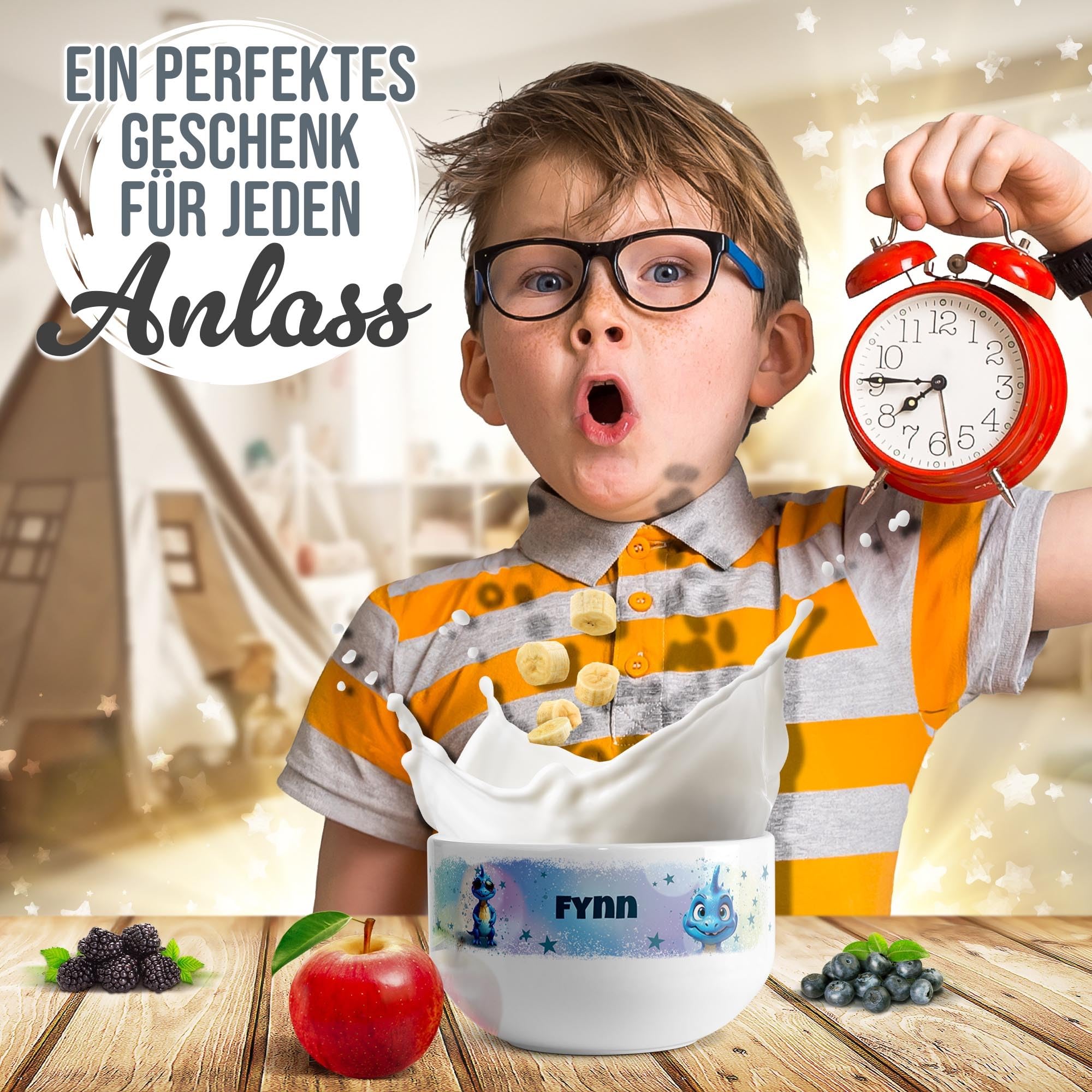 Print Royal PR Kinder-Müslischale mit Name personalisiert - Blauer Dino - Geschenk für Mädchen und Jungen, Kindertag, Weihnachten, Geburtstag | Keramik Schüssel selbst gestalten, 500 ml