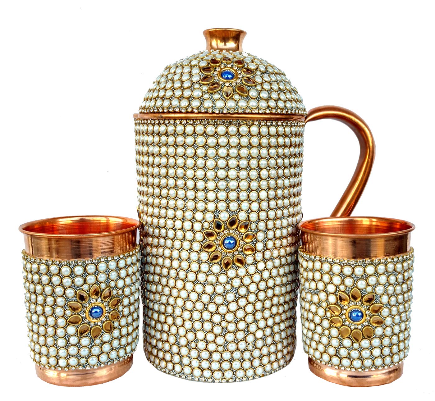 Rastogi Handicrafts Dzbanek z czystej miedzi - 2 szklane zewnętrzne białe kamienie praca dekorowany kubek zestaw naczyń do picia zastawa stołowa dzban (biały dzbanek 2 szklanki)