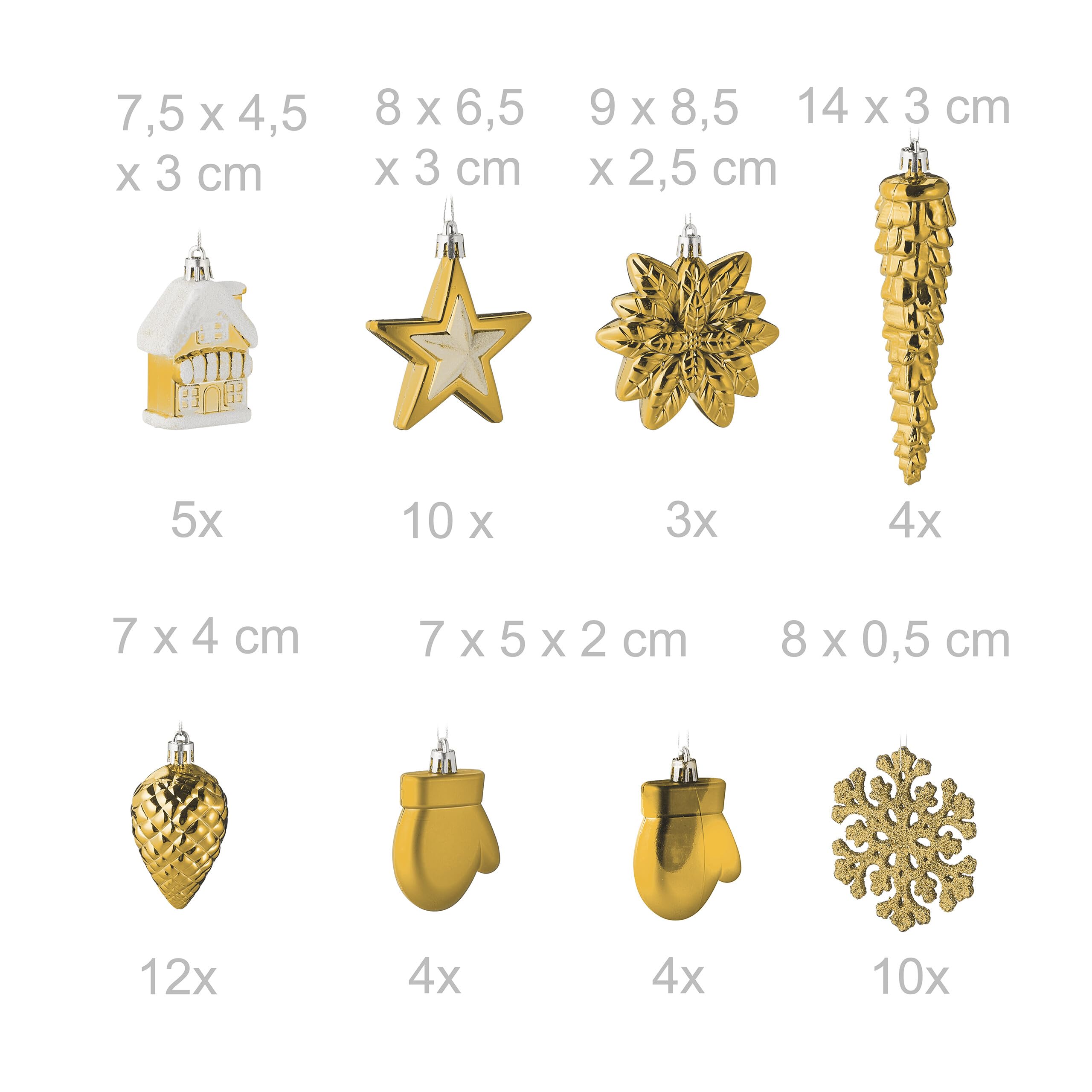 Relaxdays Palline di Natale, Set 100 Addobbi Natalizi, Palle Opache, Lucide, Glitter, 10 Design Diversi, Plastica, Oro