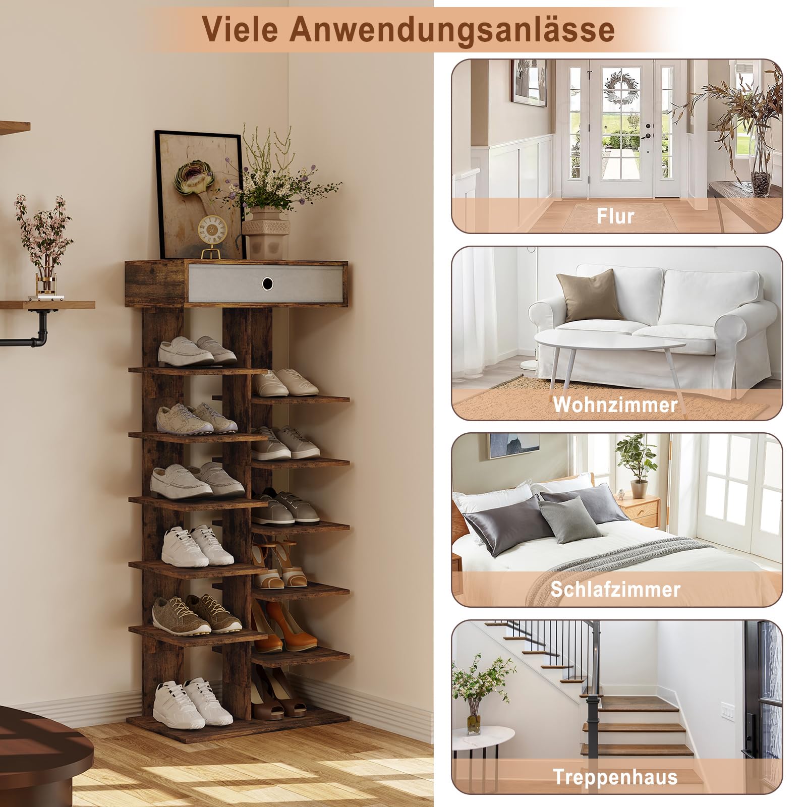 WOLTU Regał na buty z szufladą, imitacja drewna, szafka na buty z 12 półkami, organizer na buty, do przedpokoju, salonu, 49,5 x 118 x 30 cm