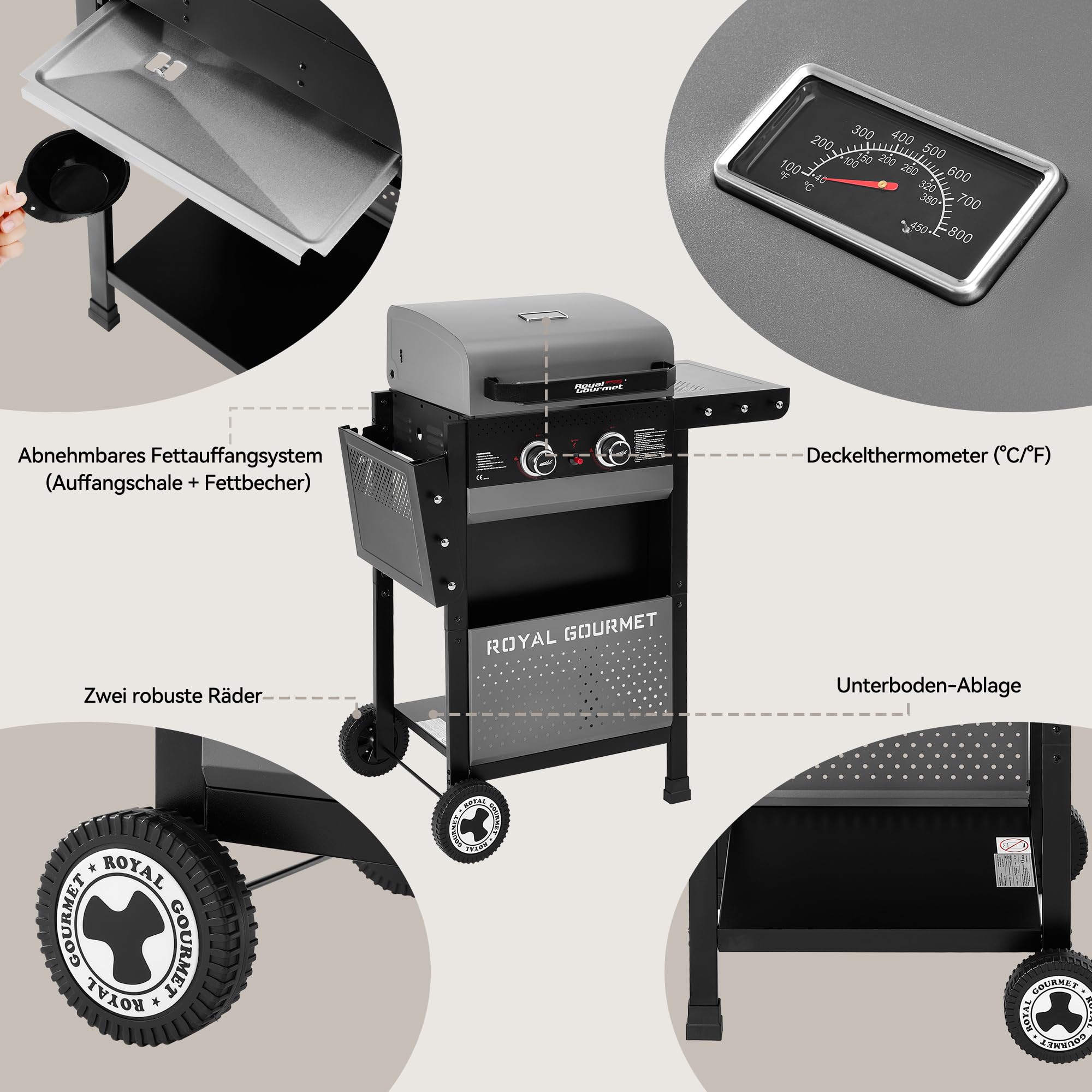 Royal Gourmet 2-Brenner Gasgrill 5 kW Grillwagen mit klappbaren Seitenablagen, Ablagekorb, Outdoor Gasgrill für Balkon, Terrasse, Garten und Camping, Grau