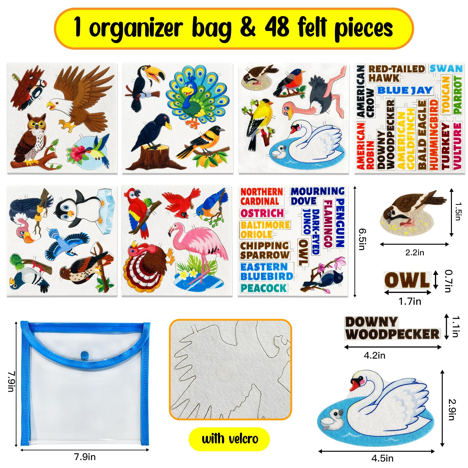 PENGFULL Felt Common Birds Learning Pieces,48 Felt Board Pieces for Felt Flannel Board,24 Birds and 24 Words Learning for Toddlers,for Kindergarten,Preschool,Toddlers