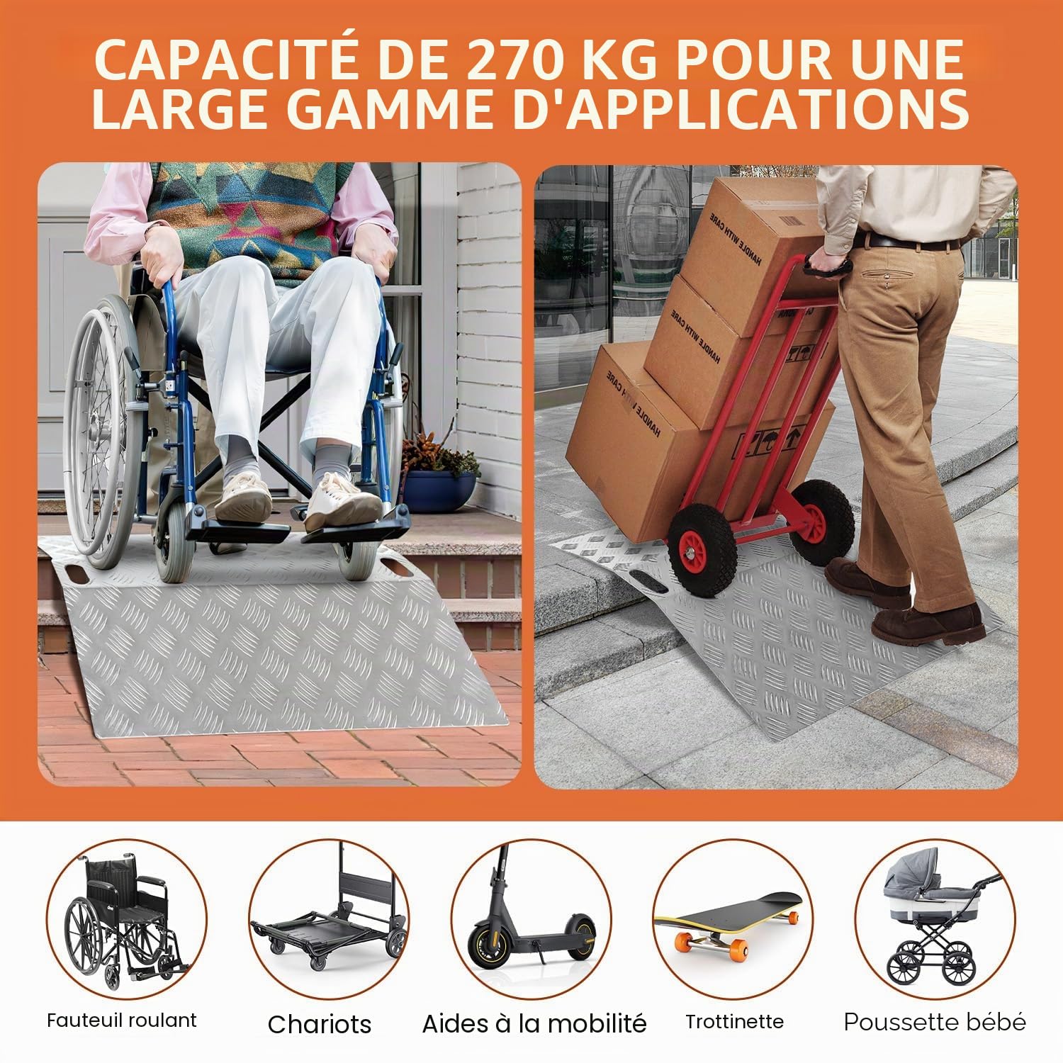 Rampe de seuil en aluminium - Charge maximale : 270 kg - Rampe antidérapante avec poignée - 60 x 70 x 10 cm