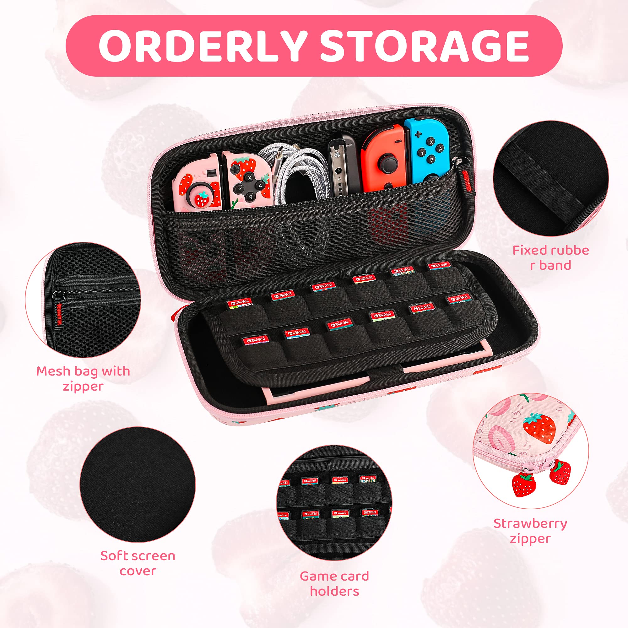 FANPL Pochette coque pour Nintendo Switch, joli ensemble d'accessoires pour Switch avec étui de voyage rigide, coque en TPU souple, sangle réglable, protection d'écran, Joystick (fraise rose)