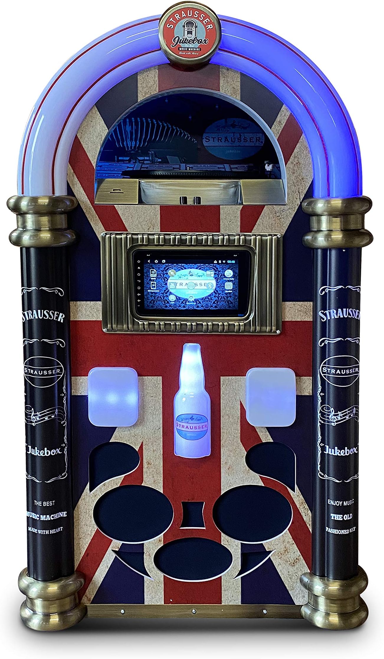 Strausser jukebox: handmade floor standing large jukebox with cd/dvd player, radio, vinyl, usb, youtube, spotify, grey wood, Union Jack