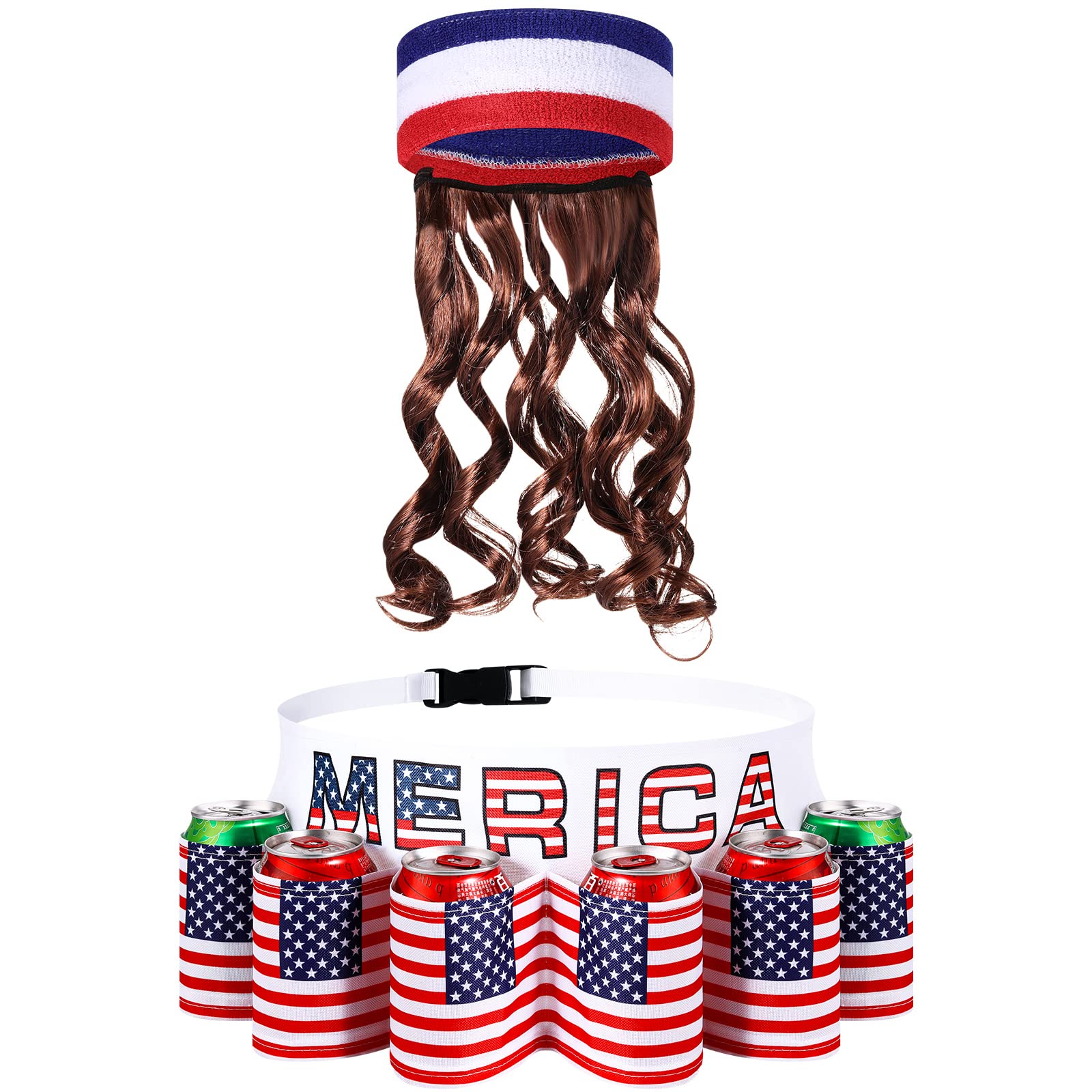 2 Pcs Halloween Costume America Beverage Beer Belt Holder and Mullet Wigs Headband 4th of July Patriotic USA Flag Beer Gift for Men Christmas