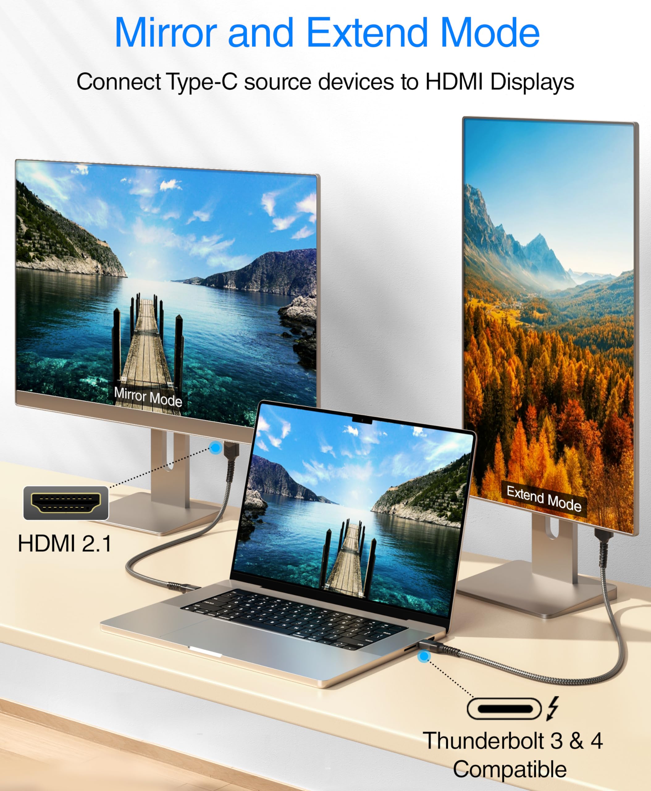 Cable USB C a HDMI de 8K (10 pies, 8K 60 Hz, unidireccional, 48 Gbps, USB tipo C 3.1, cable trenzado HDMI 2.1 premium, USBC a HDMI) – Compatible con Thunderbolt 3/4 con teléfono, laptop, 5