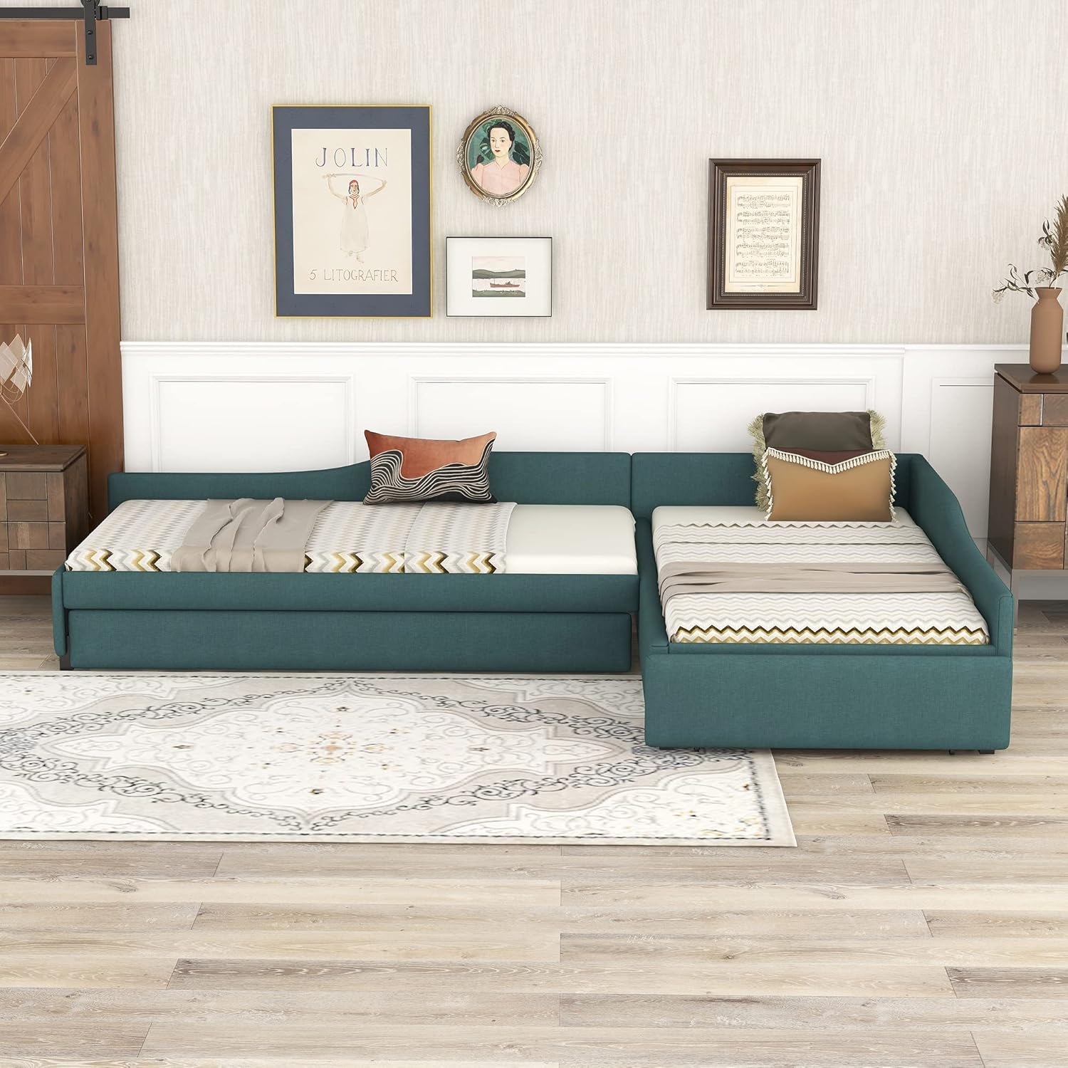 RUNWON Upholstered Double Daybed Twin Size with Trundle L