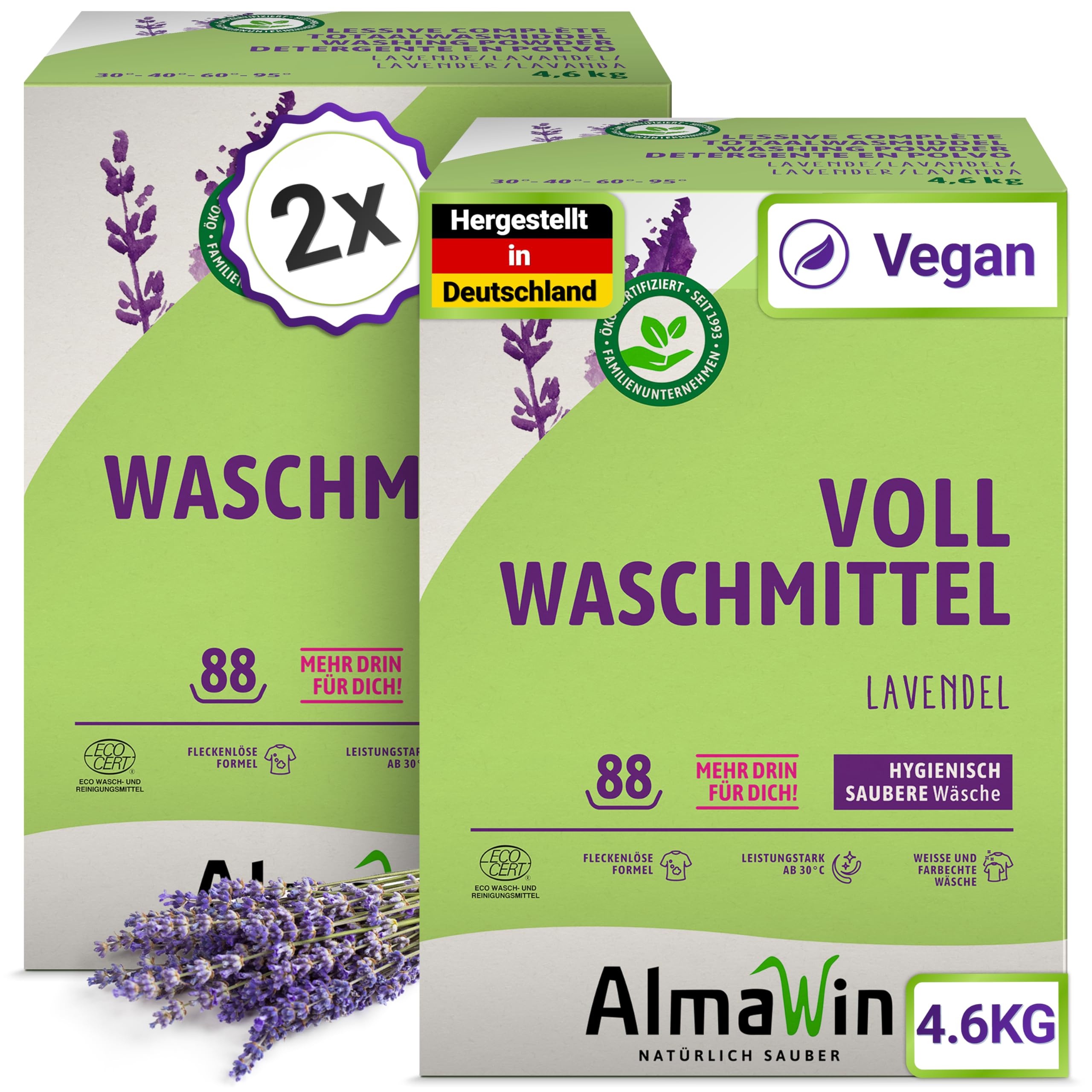 AlmaWin® Vollwaschmittel Pulver [2x 4,6kg - 176 Ladungen] mit Lavendel-Duft für strahlende Reinheit - Waschmittel Pulver für alle weißen & farbechten Textilien [30-95°C] - Veganes Voll-Waschpulver