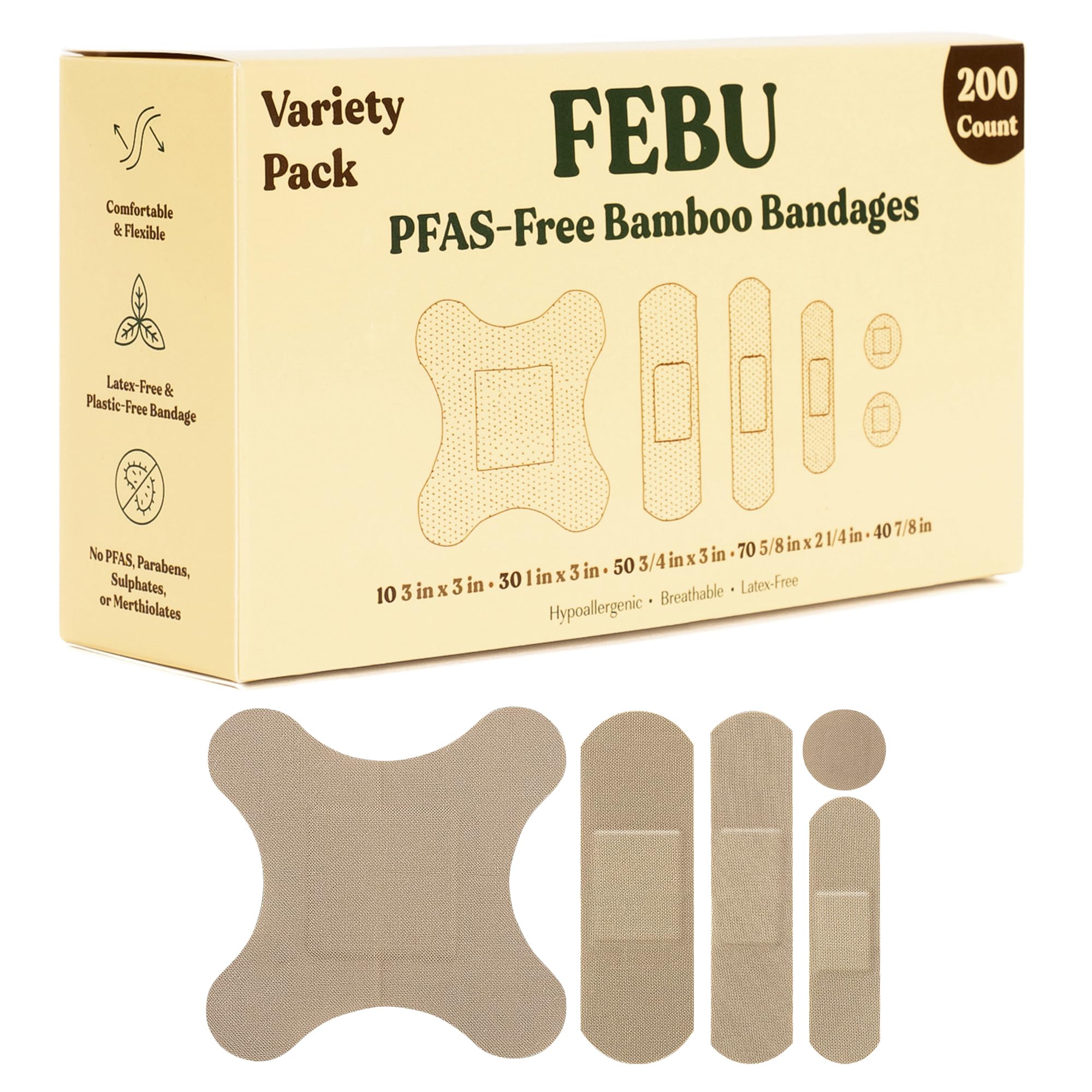 FEBU Eco-Friendly Bamboo Fabric Bandages | PFAS Free Bandages for Scrapes & Cuts | Flexible Fabric Bandage | Fully Compostable, Latex Free Bandage | 200 Count Bulk Variety