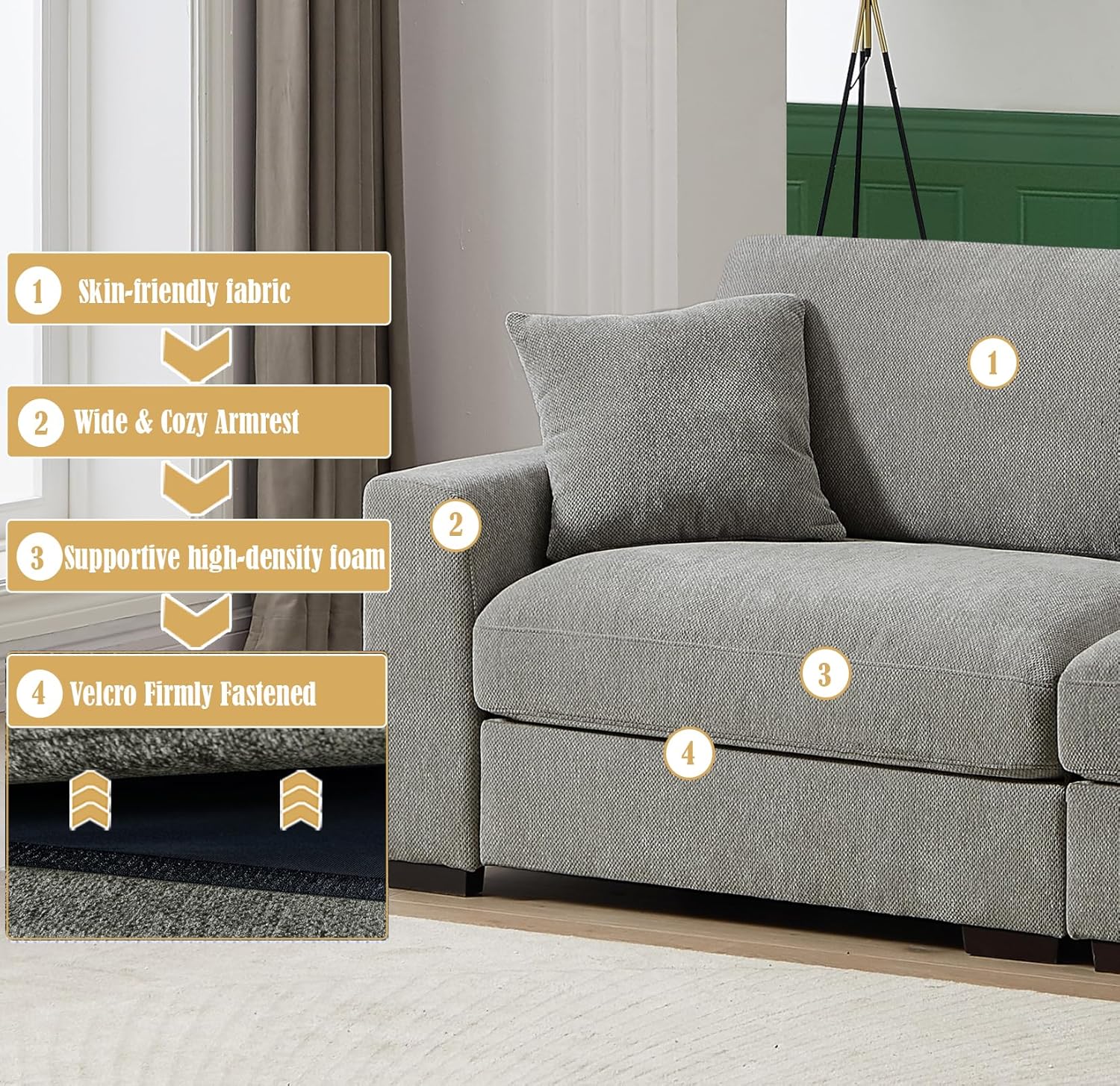 92" Oversized Loveseat with Ottoman 2-3 Seater Small Modular Sectional Couch for Living Room Comfy Chenille Large Love Seat Cloud Couch for Small Spaces, Bedroom,Office w/Throw Pillows(Grey)