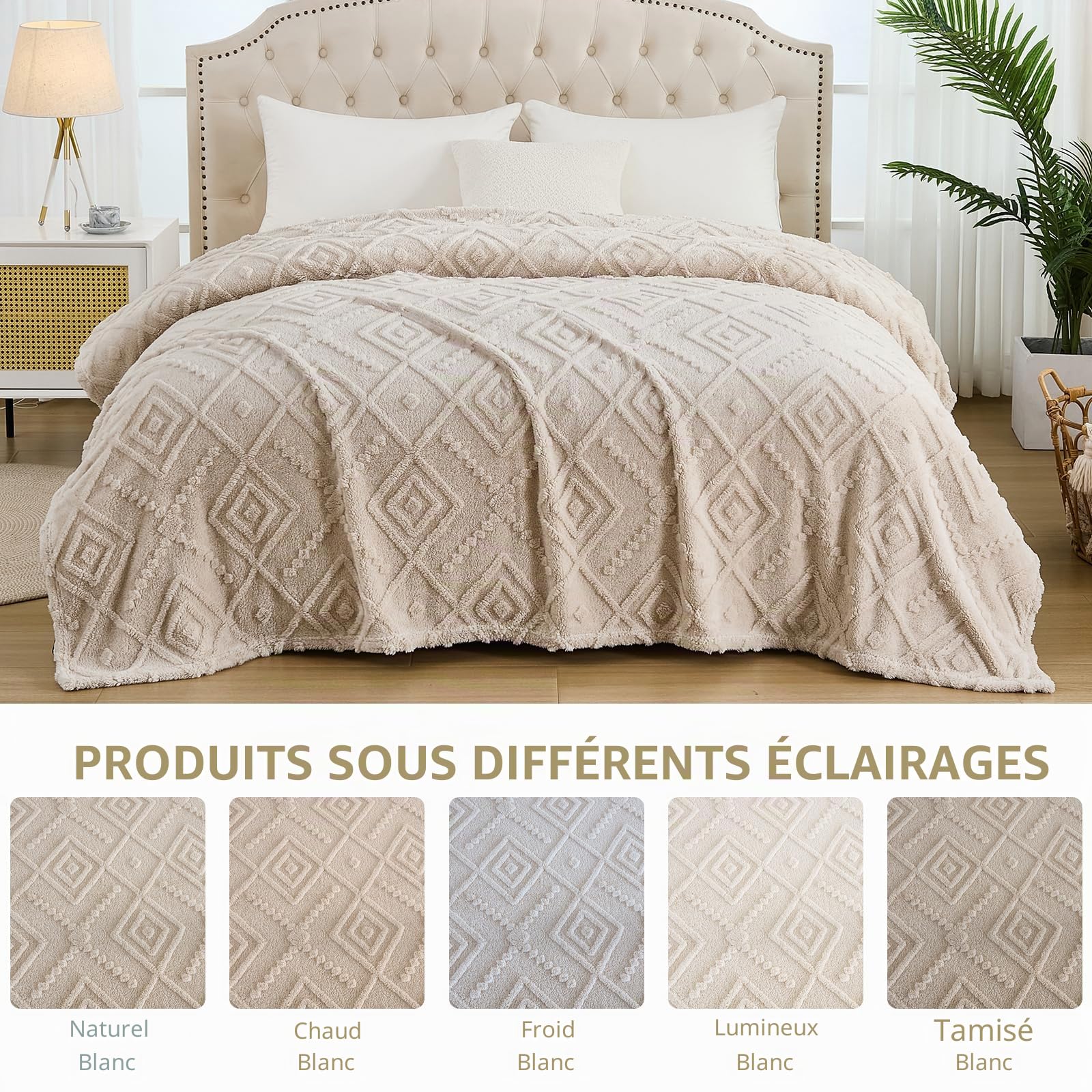 WONGS BEDDING Couverture douillette 220 x 240 cm, beige, couverture polaire chaude et douce, pour lit, canapé, bureau, fille