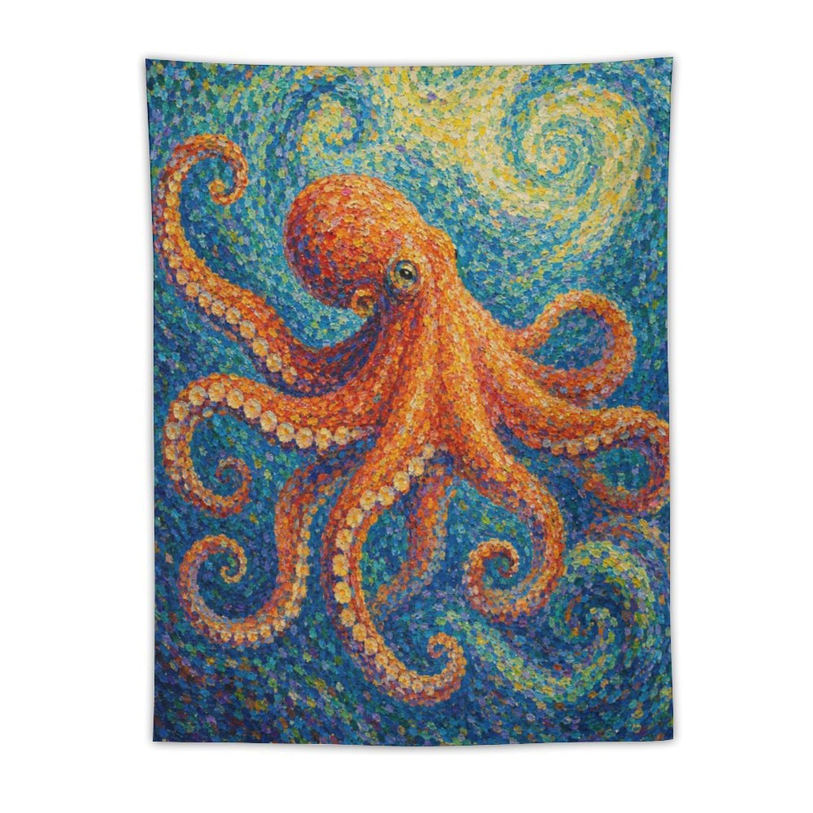 W7C8U2X3 Orange Octopus Wall Tapestry, Impressionist, Ceiling Hanging