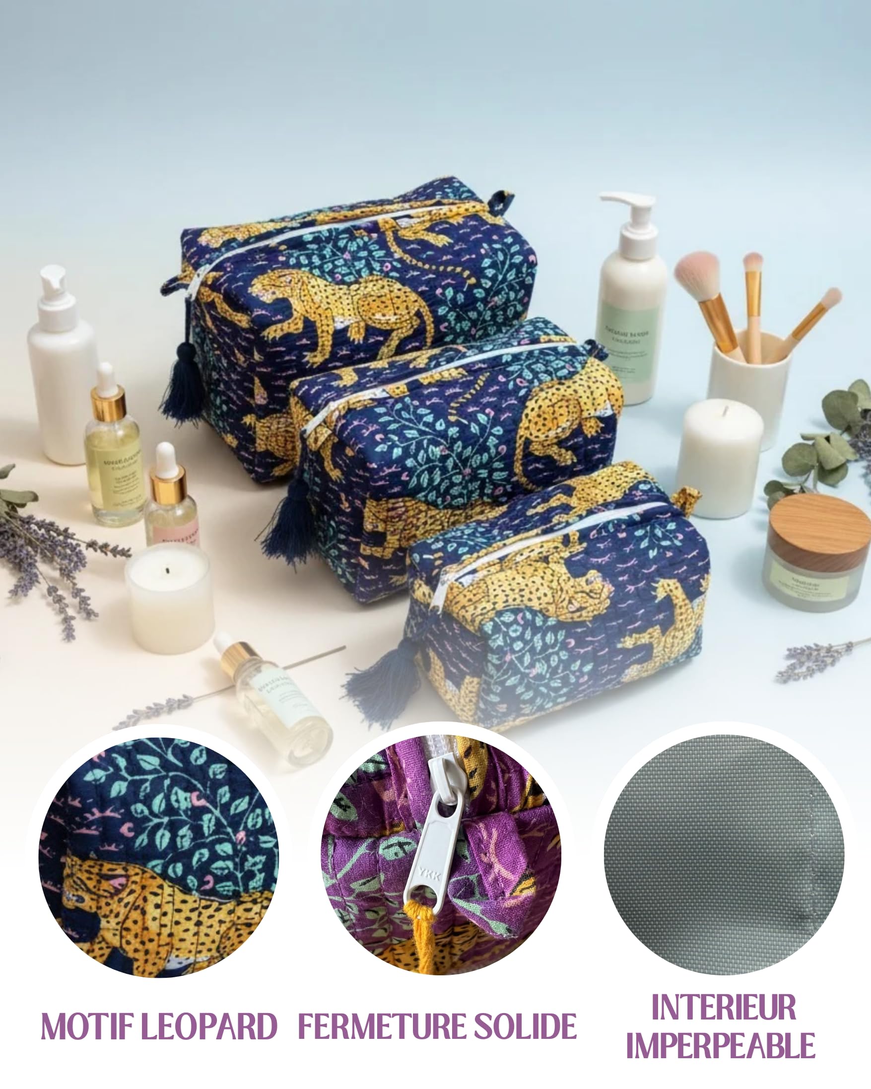 LE KESARI Kit 3 Trousses de Maquillage Léopard – Petite, Moyenne et Grande – Trousse de Toilette Femme Voyage – Pochette Cosmétique Matelassée avec Pompons (Bleu) - 2