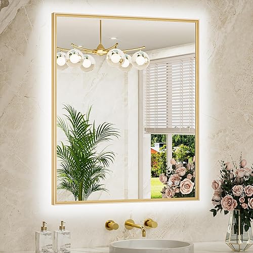 TETOTE Espejo de baño retroiluminado de 30 x 36 pulgadas, marco de metal dorado cepillado, luz LED, 3 colores, blancocálidonatural, sin escalones,