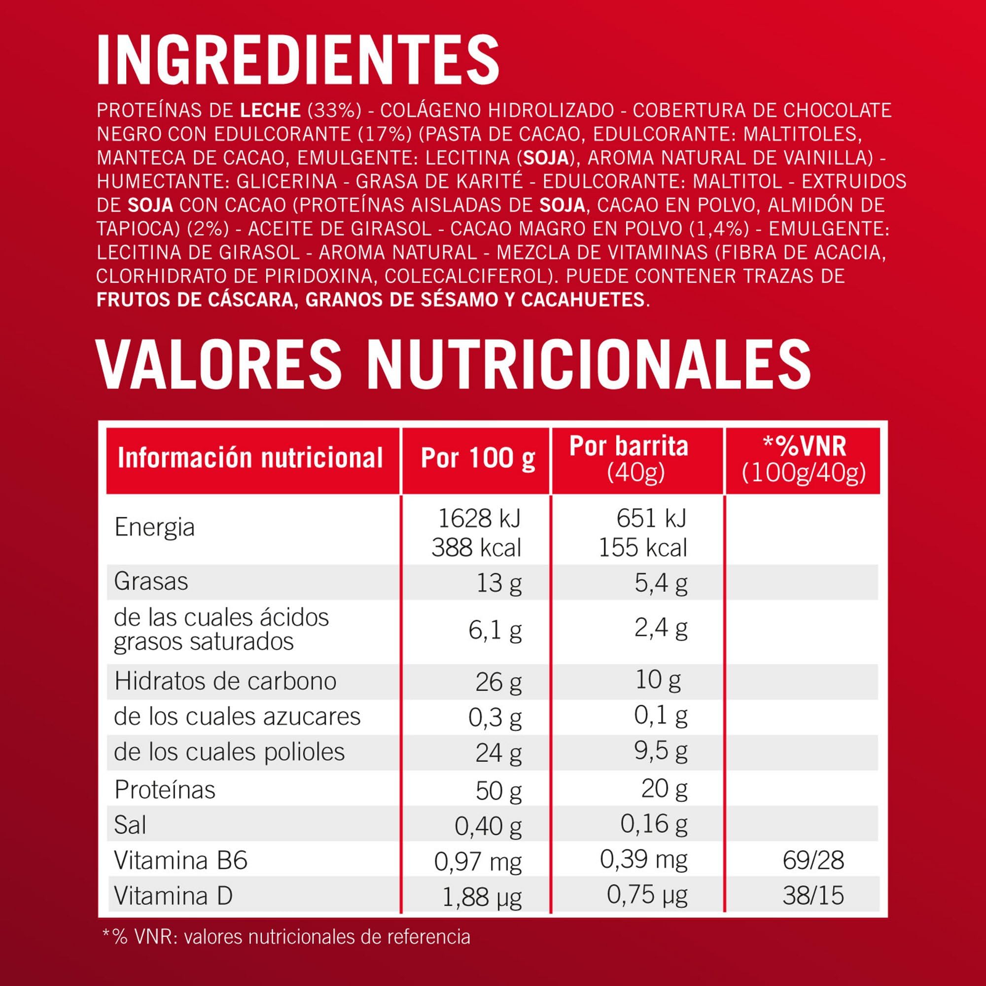 Enervit Barrita Proteica 50% Dark Choco, 20g de Proteínas, Baja en Azúcar, con Vitamina D y B6, Sabor Chocolate Negro, Para la Recuperación Después del Deporte, Sin Gluten, 12 Barritas de 40g