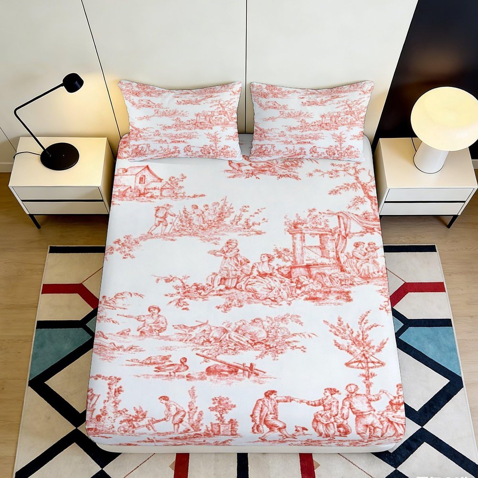 Pnayamiorkfel Style-7 3D Printed Pastoral Red Toile Fitted Sheet Microfiber Soft Breathable Village Scene Bed Cover For Bedroom Guest Room Decor 90X200x25cm