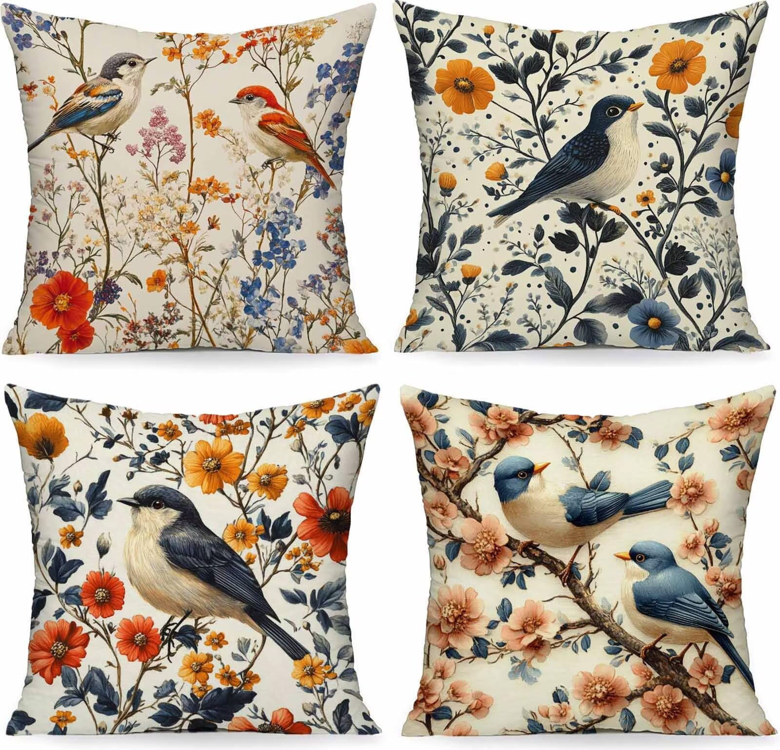 Housse coussin 55x55cm oiseau jaune lin imperméable extérieur et intérieur pour décoration maison