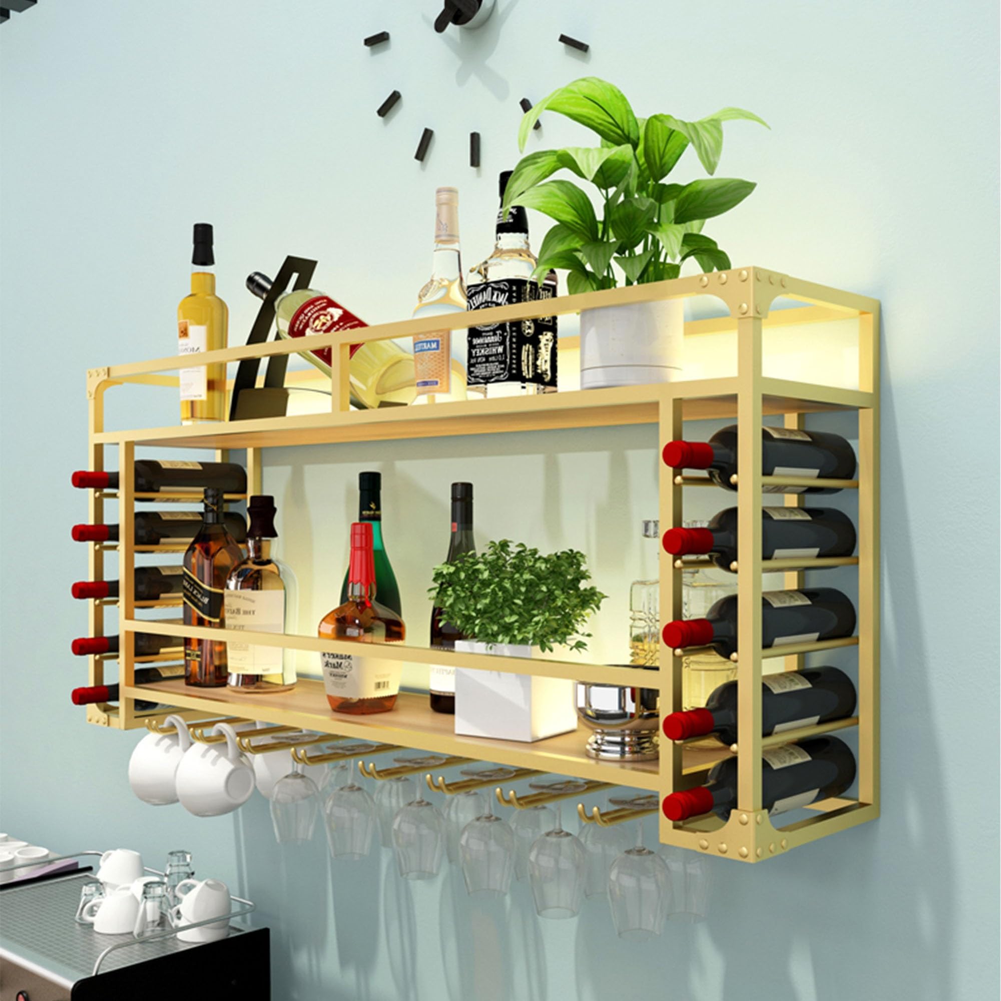 Étagère Murale à Vin En Métal Et Bois - 61 Cm - Style Industriel Rétro - Pour Bar, Cuisine, Salon - Capacité 50 Kg