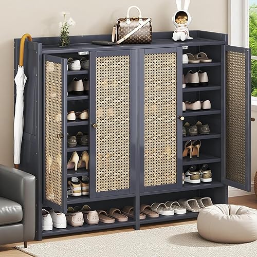 Miniatura 1 de Zapatero de bambú de 8 niveles con puertas, 38-42 pares de zapatero para armario, armario de almacenamiento de zapatos para pasillo, sala de estar,