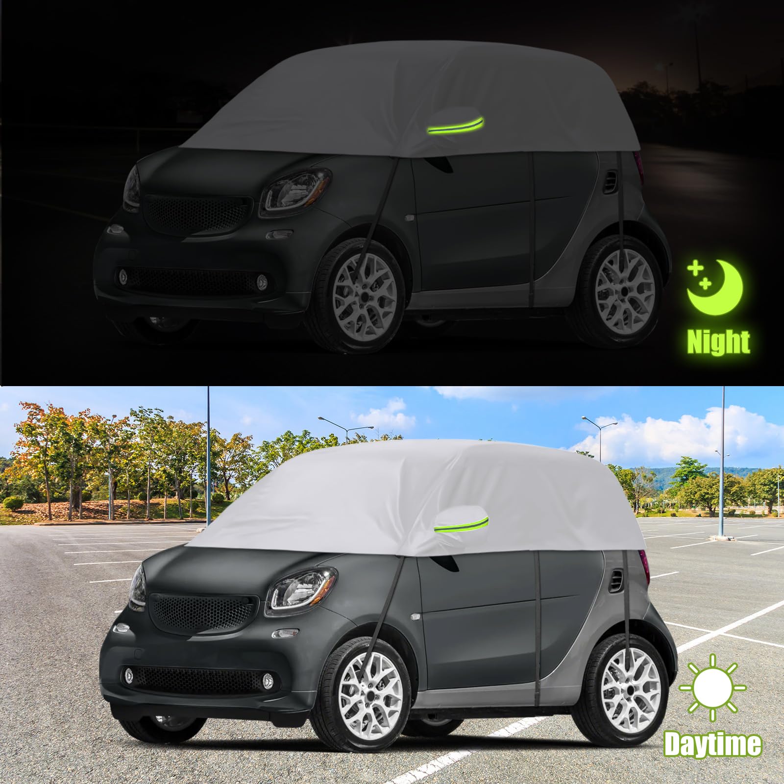 Halbgarage Autoabdeckung Wasserdicht Passend für Smart Fortwo 2006-2025, Atmungsaktiv Autoplane Regen Sonne Schnee Auto Abdeckplane Abdeckung Silber