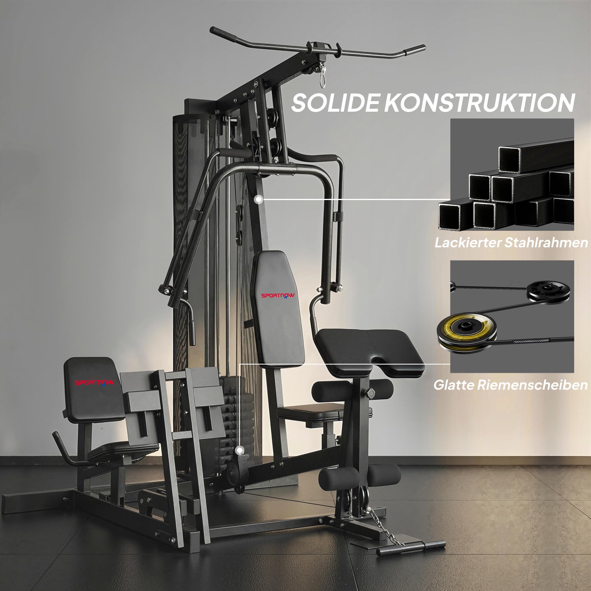 SPORTNOW Kraftstation mit Latzug Butterflystange 65kg Gewichten Seil | Fitnessstation, Beinpresse, Multifunktion Krafttraining, bis zu 120kg Belastbar, Trainingsstation für Zuhause