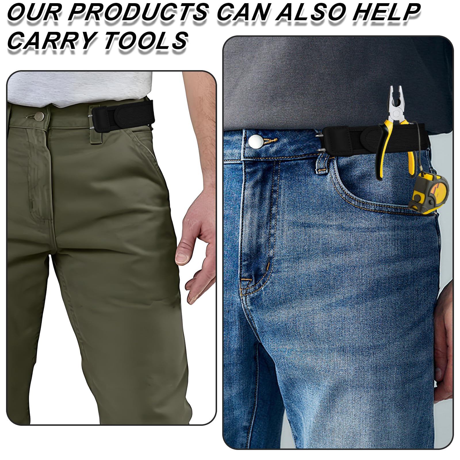 Cintura elastica con accessori in metallo, 4 pezzi, per riporre gli attrezzi da uomo, cintura elastica con gancio per attrezzi, design senza fibbia elastico per lavori all'aperto