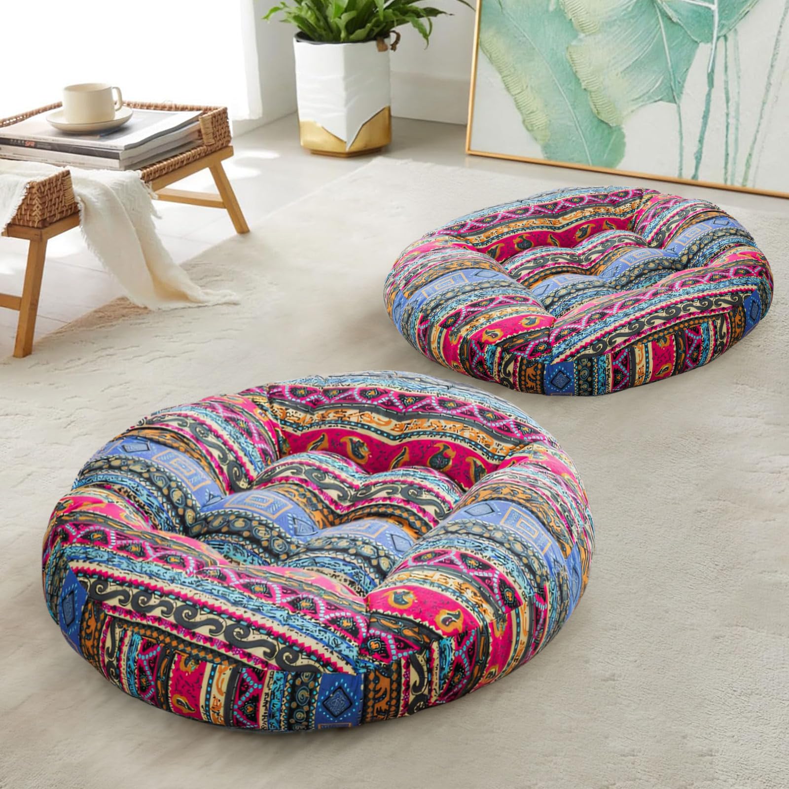 DAWNTREES Round Floor Pillow,2 Pack Large Pillows Seating for Adults,55x55x10 cm Tufted Corduroy Cushions for Outdoor Yoga Tatami Fireplace Living Room
