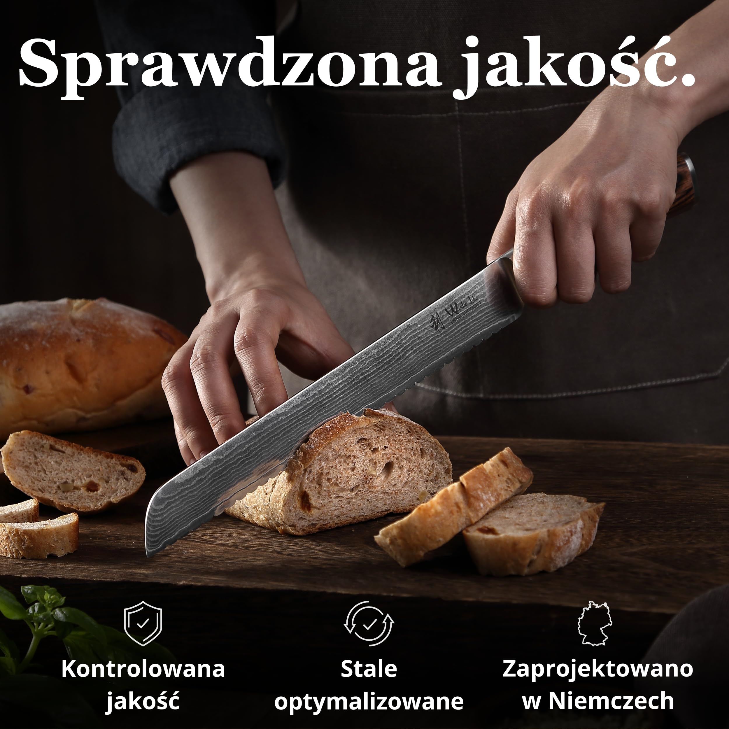Wakoli EDIB nóż do chleba z ząbkowanym ostrzem ze stali damasceńskiej z rdzeniem VG10, ostrze 23 cm, ergonomiczna rękojeść z drewna Pakka, pudełko prezentowe, do dużych bochenków chleba