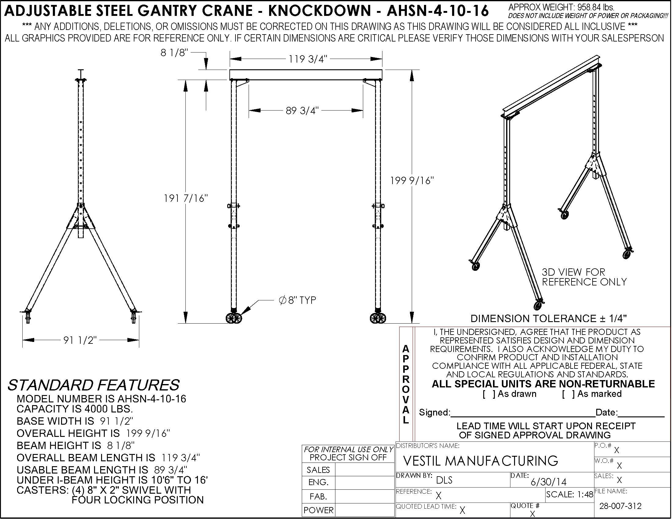 Vestil AHSN-4-10-16 Knock-Down Adjustable Steel Gantry Crane, 4000 lb. Capacity, 10' x 16', Blue