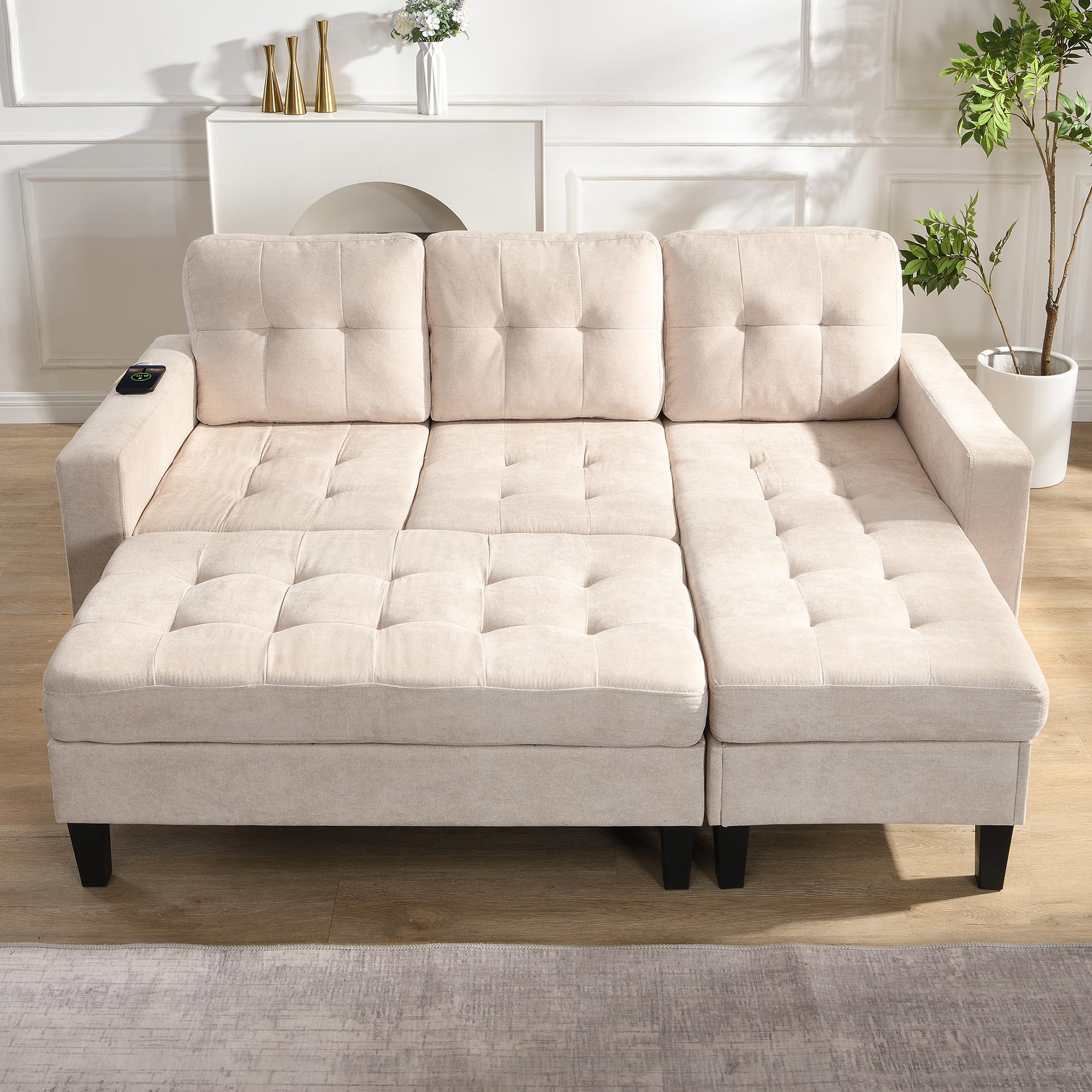 Canapé Modulable L 3 Places avec Ottoman XXL, LED et USB - Convertible en Lit Double, Tissu Chenille - pour Salon ou Appartement