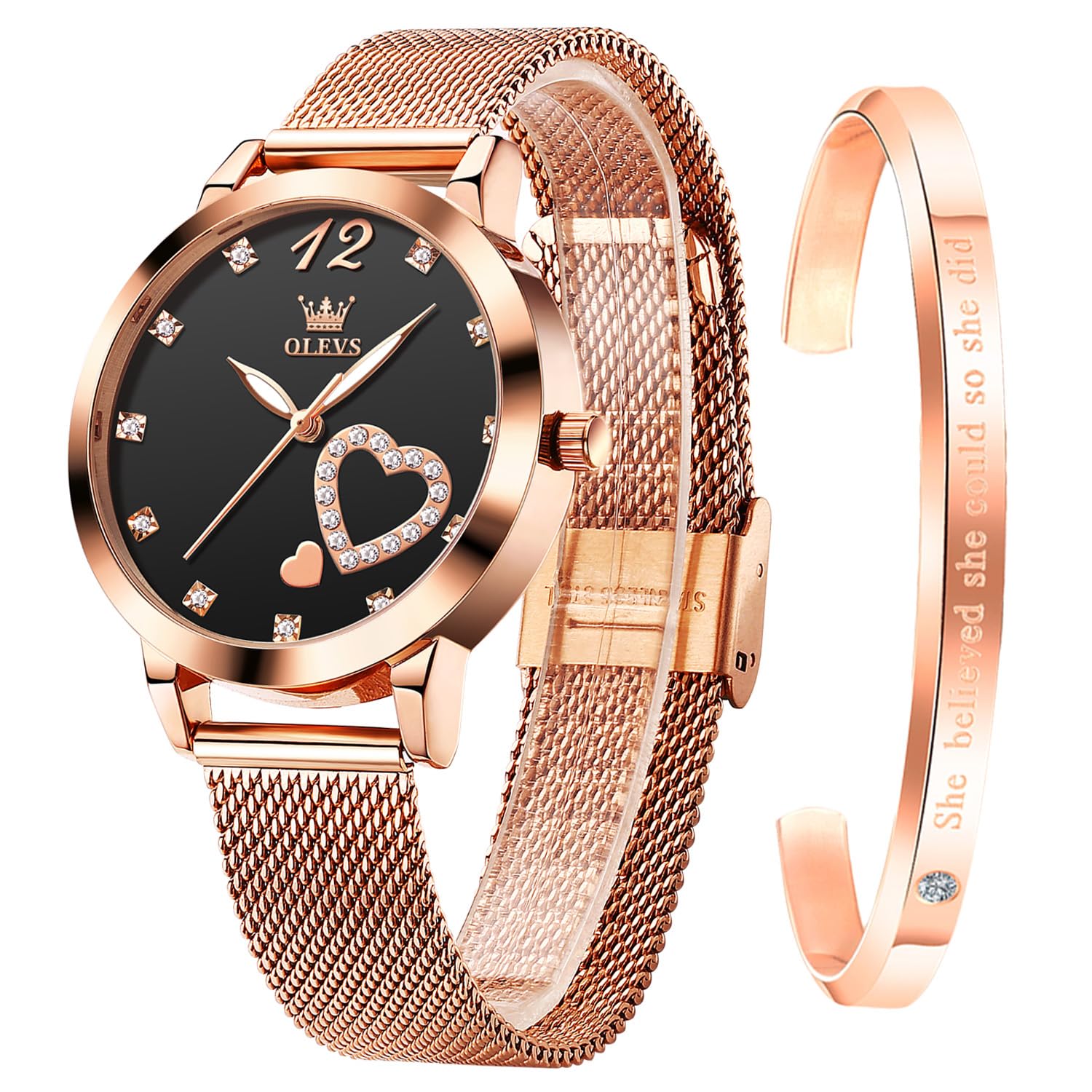 Rose Gold Watch for Women Mesh Strap Fashion Dress Hearts Japanese Quartz Waterproof Luminous Ladies Watches Bracelet Sets