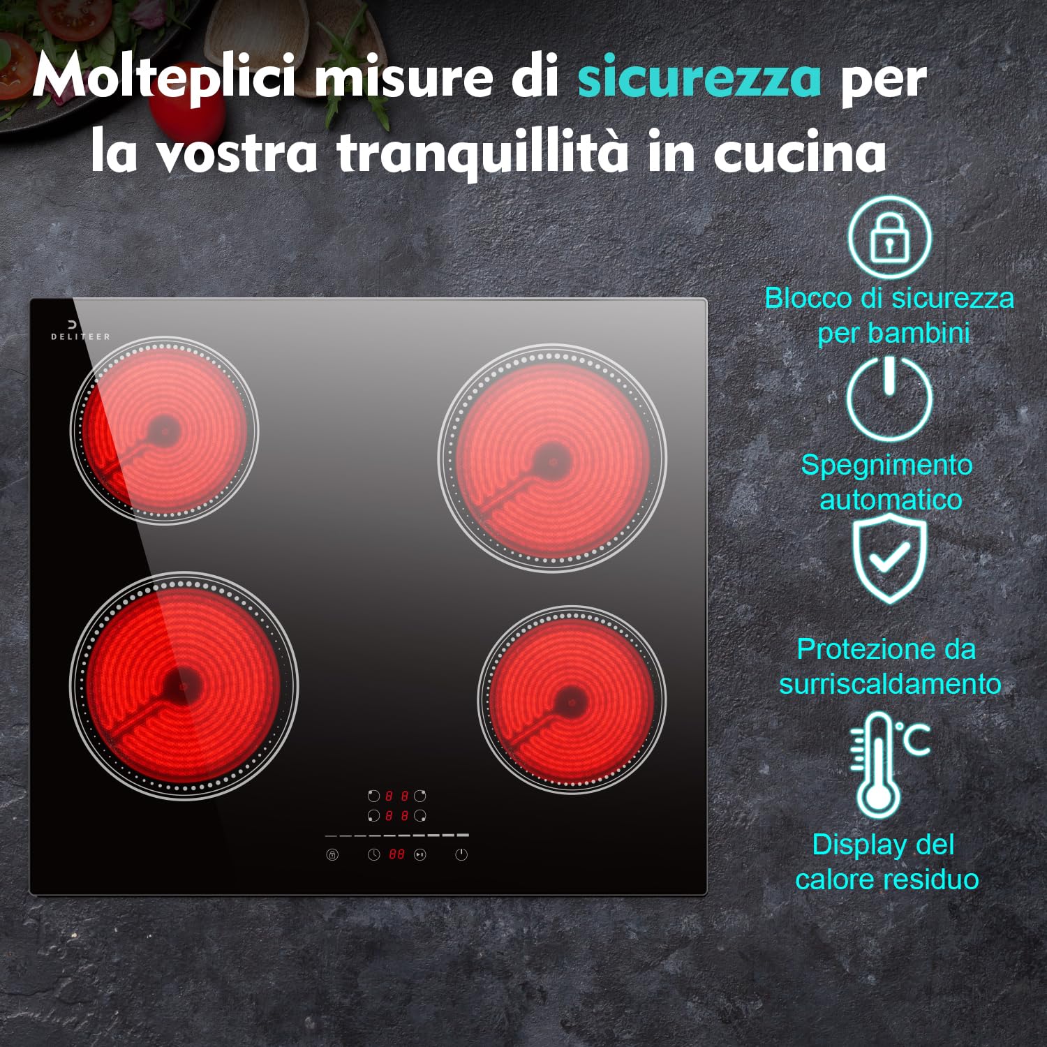 DELITEER Piano cottura in vetroceramica 4 Fuochi, Piano cottura vetroceramica da incasso 59cm, 6000Watt, senza spina Visita lo Store di DELITEER