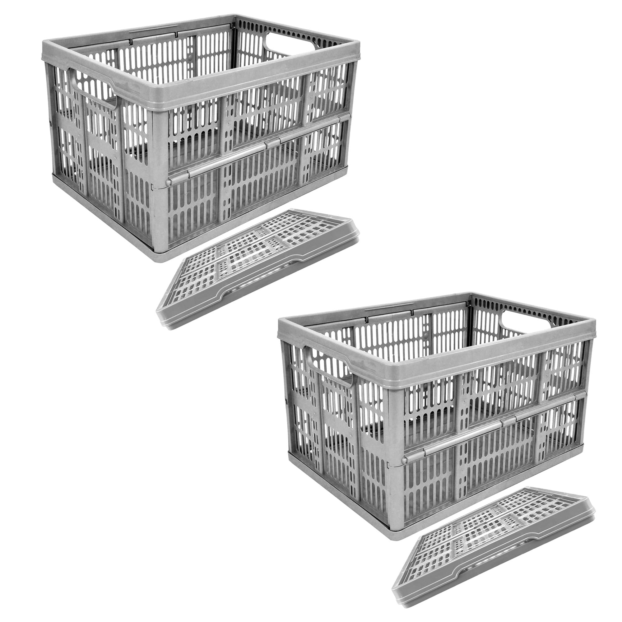 Pluto Packaging Pack Of 2 Flat Folding Grey 32 Litre Plastic Space Saving Multi Use Folding Crates