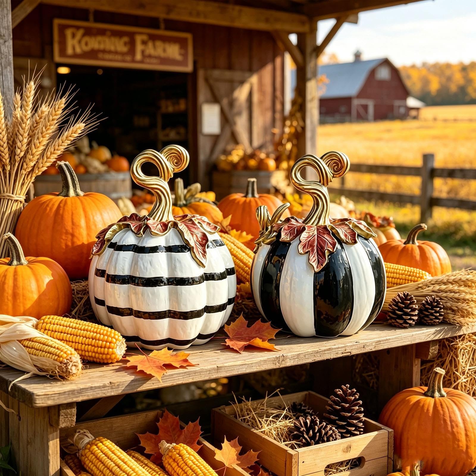 Schwarz-Weiß Gestreiftes Kürbis Harz Figur, Handbemalte Halloween Deko