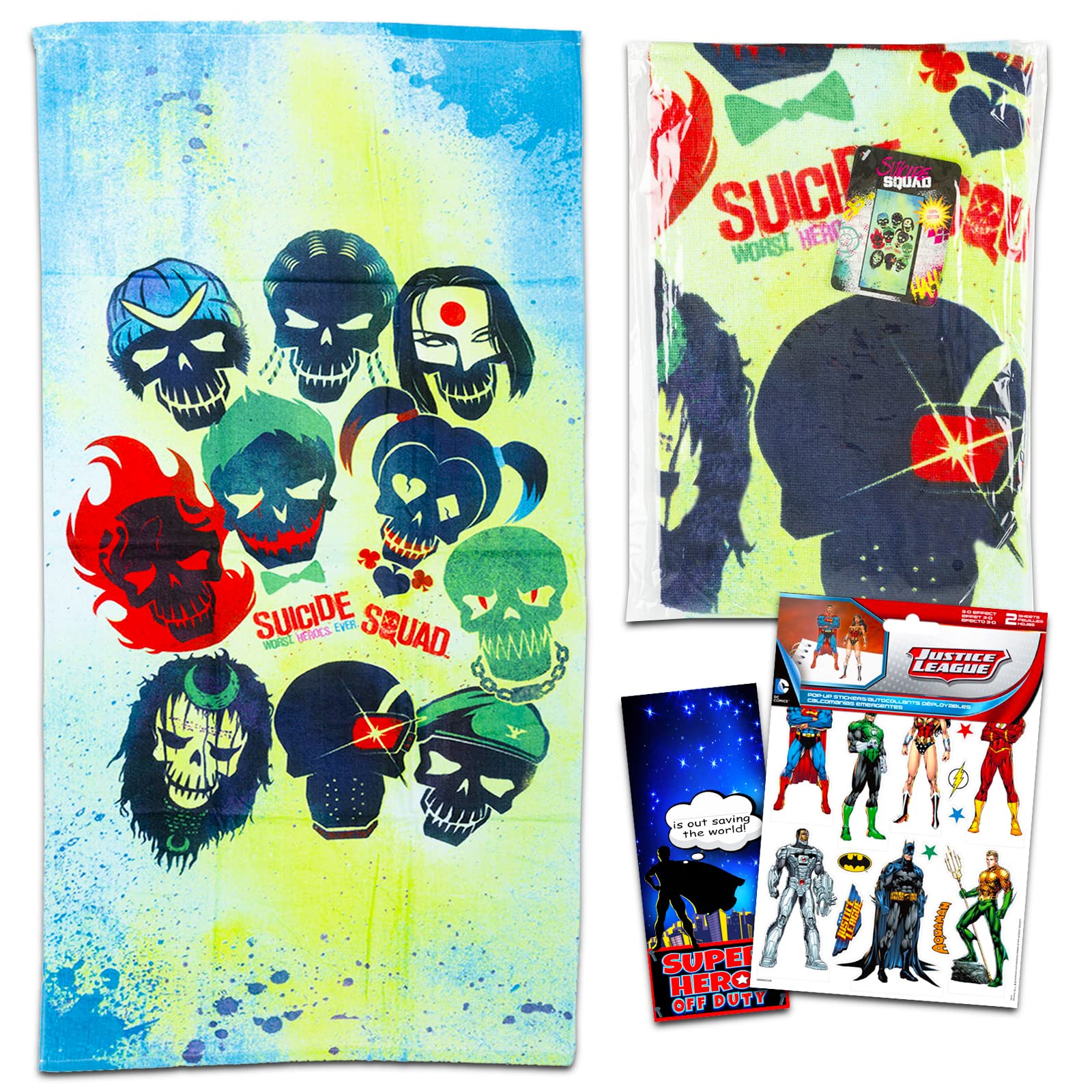 Detective Store DC Comics Suicide Squad Beach Towel Set - Bundle with Suicide Squad Cotton Pool Towel Plus Justice League Stickers and More (Suicide Squad Gifts)