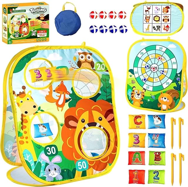 LATERN 3 In 1 Bean Bag Toss Game Toy, Lion Forest Theme Foldable Corn Hole Game, Safety Dart Game and Tic Tac Toe Game for Boys Girls Indoor Outdoor Garden Party