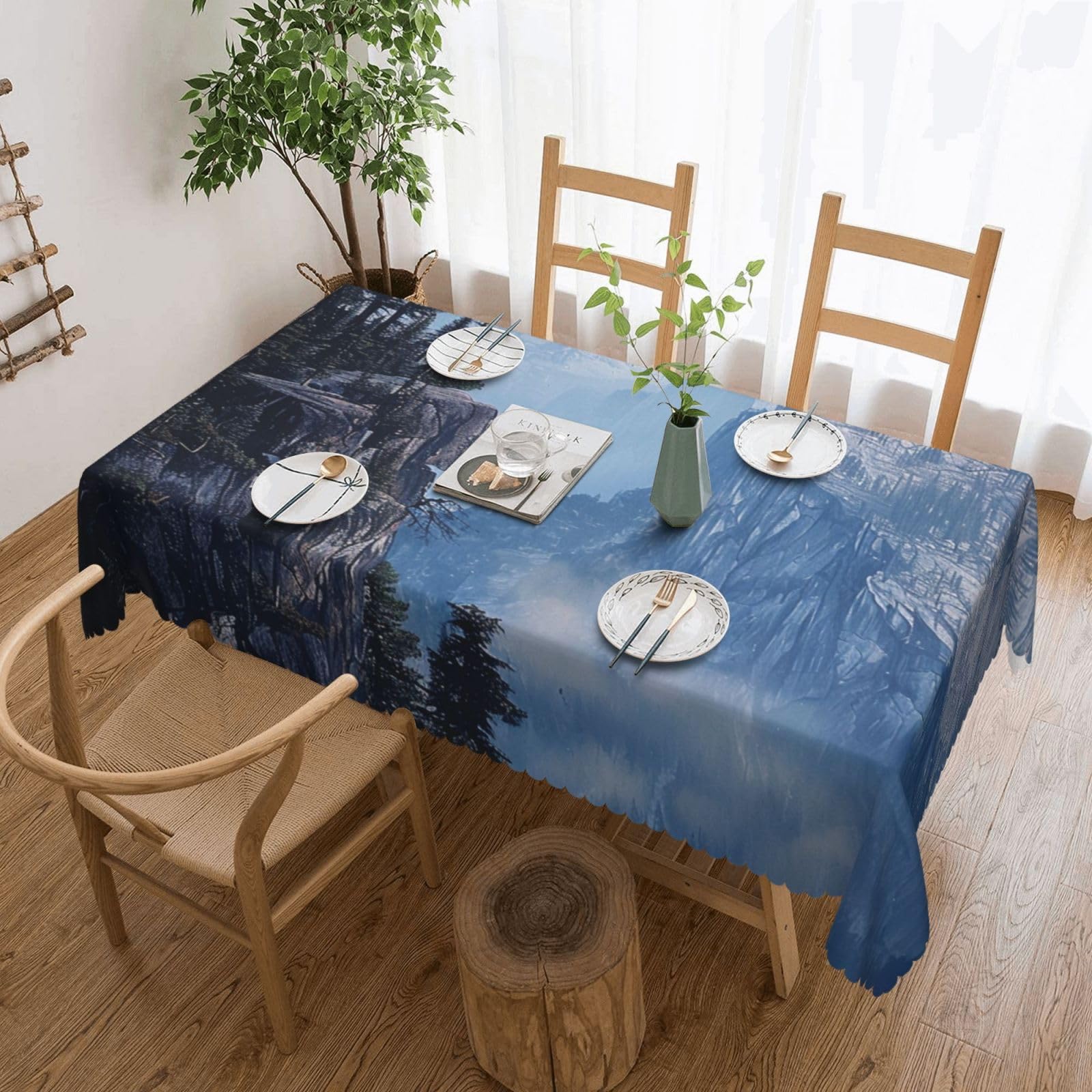 WPKJU Canadian Smokey Mountain Cliff Printed Rectangle Tablecloth 72x54 Inch with Lace Trim, Water-Resistant Washable Table Cover for Farmhouse Weddings, Outdoor Picnics & Holiday Dining
