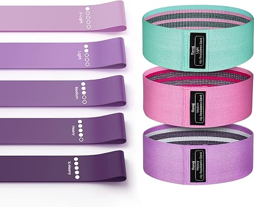 Juego de 8 bandas de resistencia para entrenamiento, 5 bandas de ejercicio de látex y 3 bandas de tela con 2 bolsas portátiles